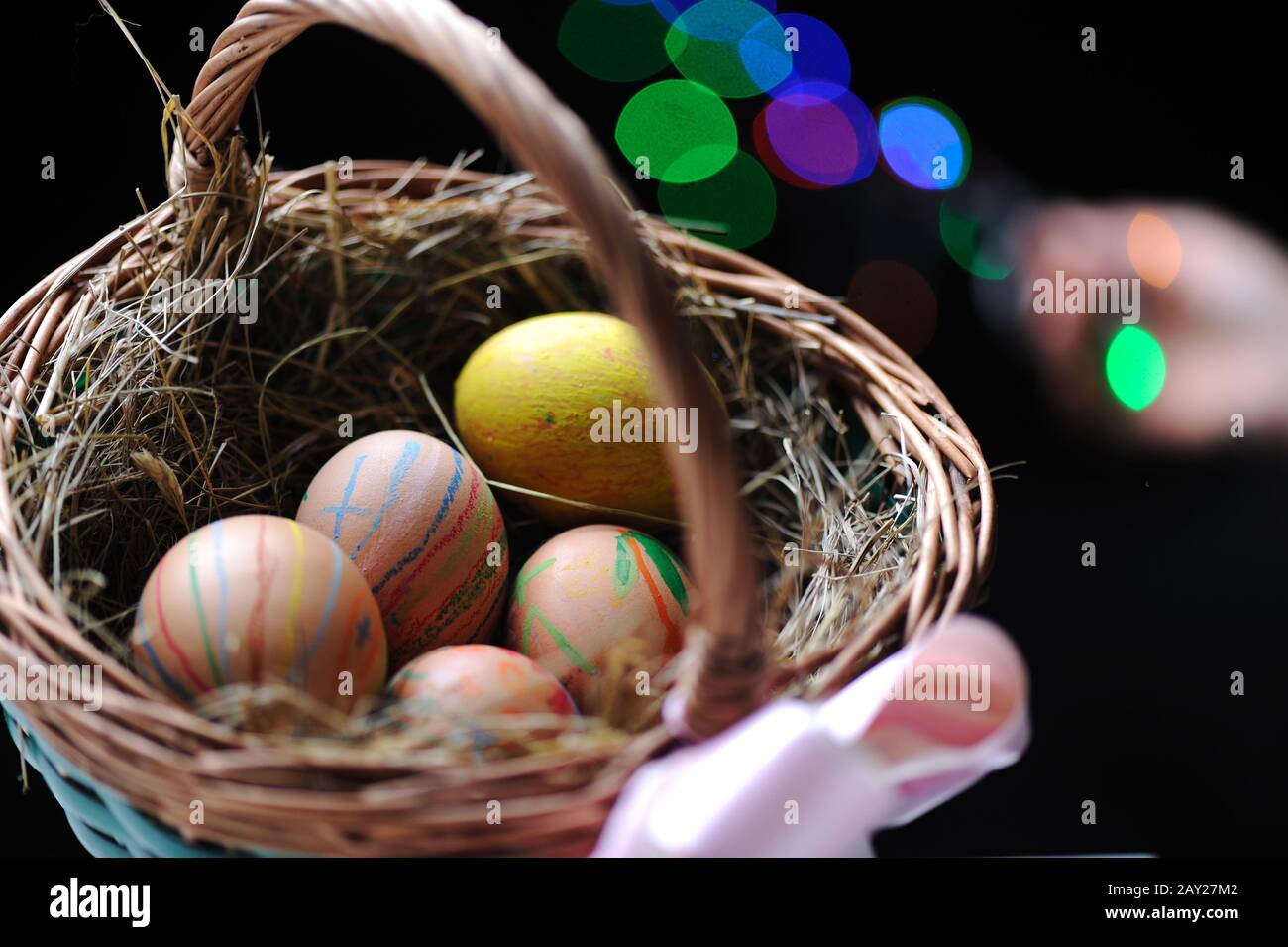 Easter eggs in basket Stock Photo