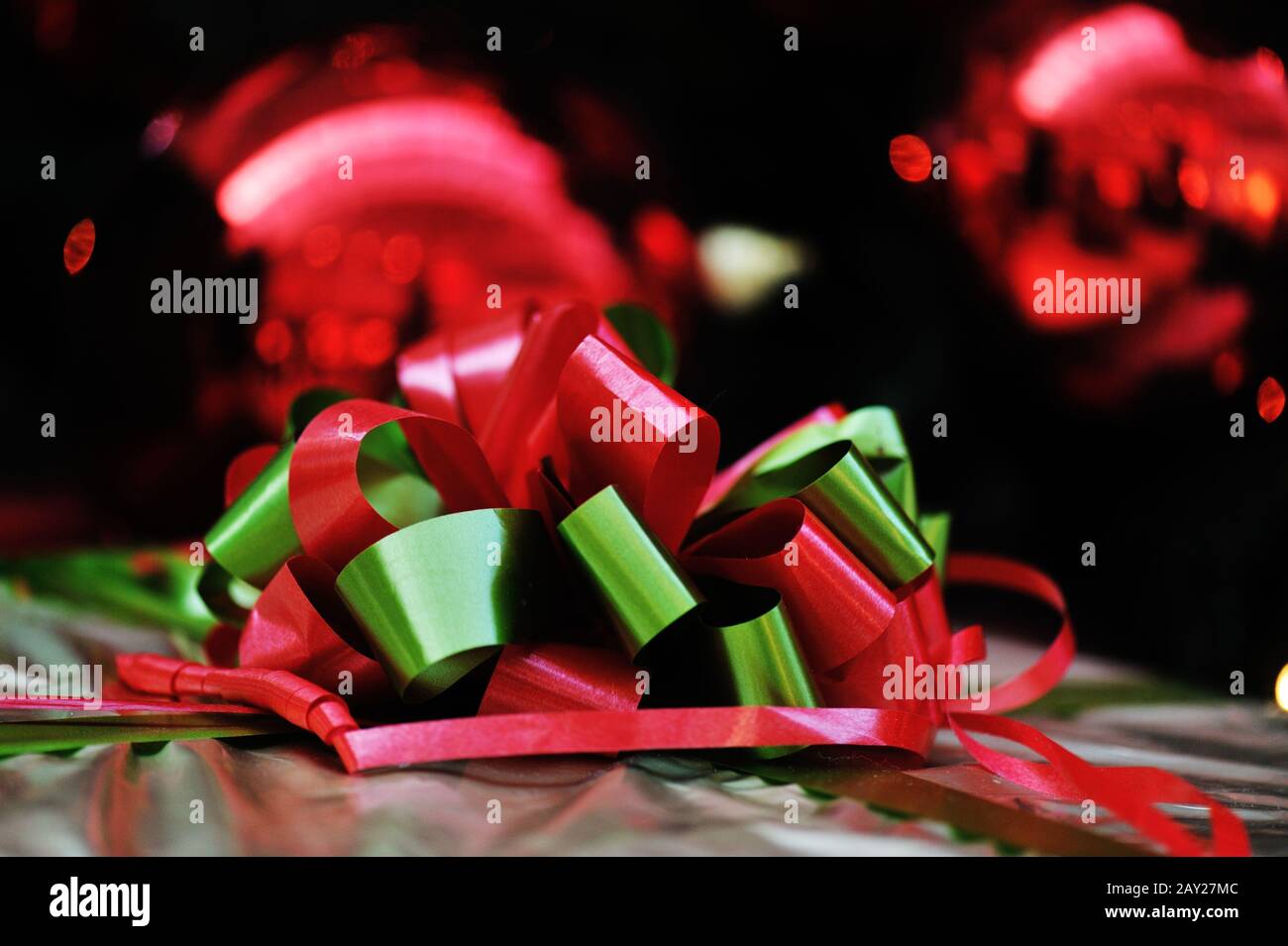 Christmas background with various of gifts and green fir tree Stock ...