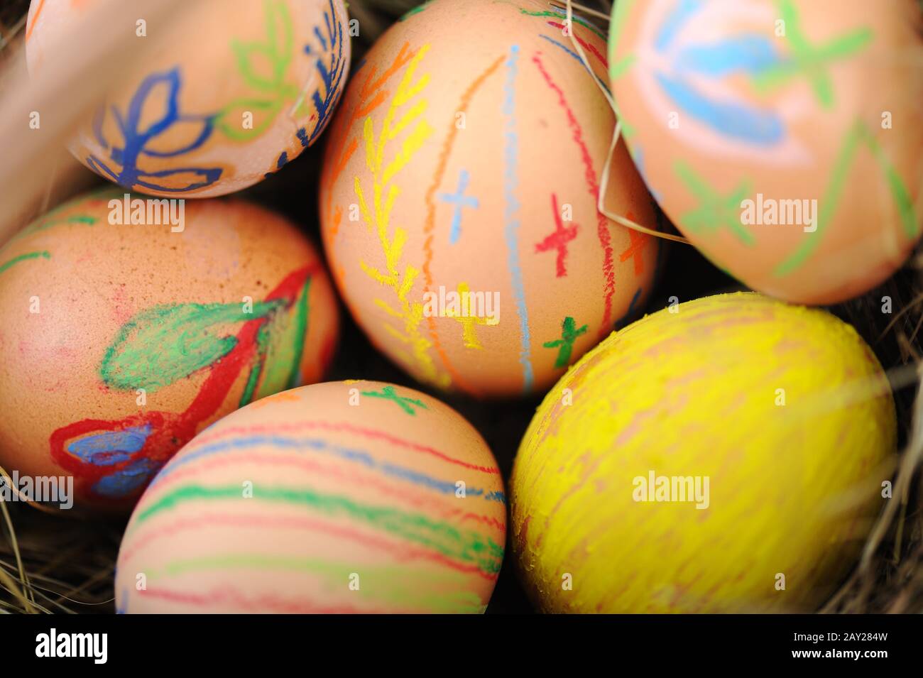 Easter colorful eggs in basket Stock Photo