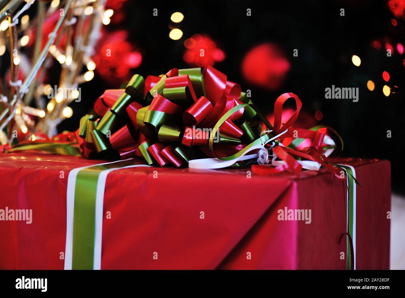 Christmas background with various of gifts and green fir tree Stock ...