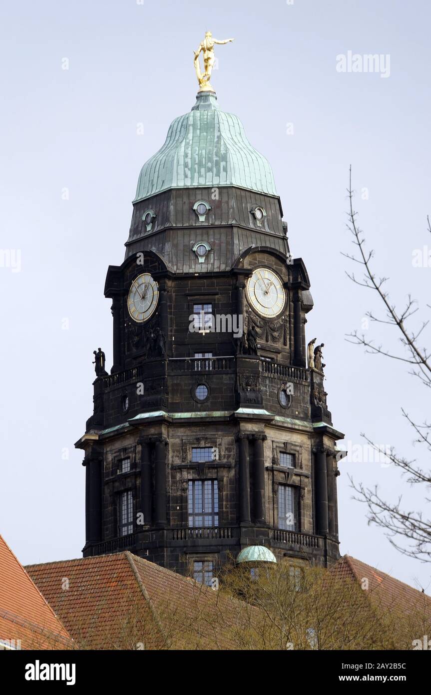 Town hall tower with tower clock and golden town hall man Stock Photo ...