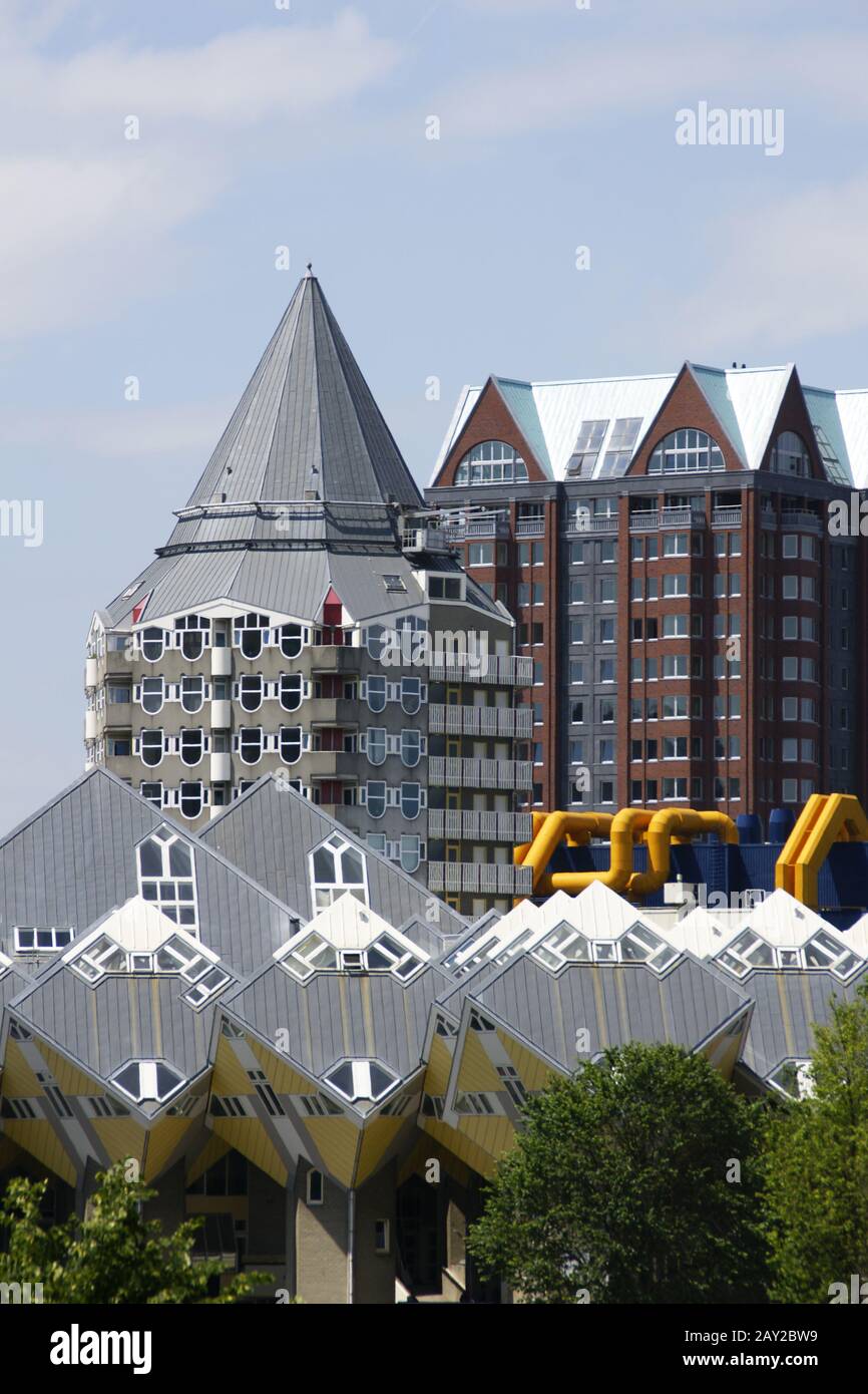 Pencil-Tower, Kubushouses and Library in Rotterdam Stock Photo