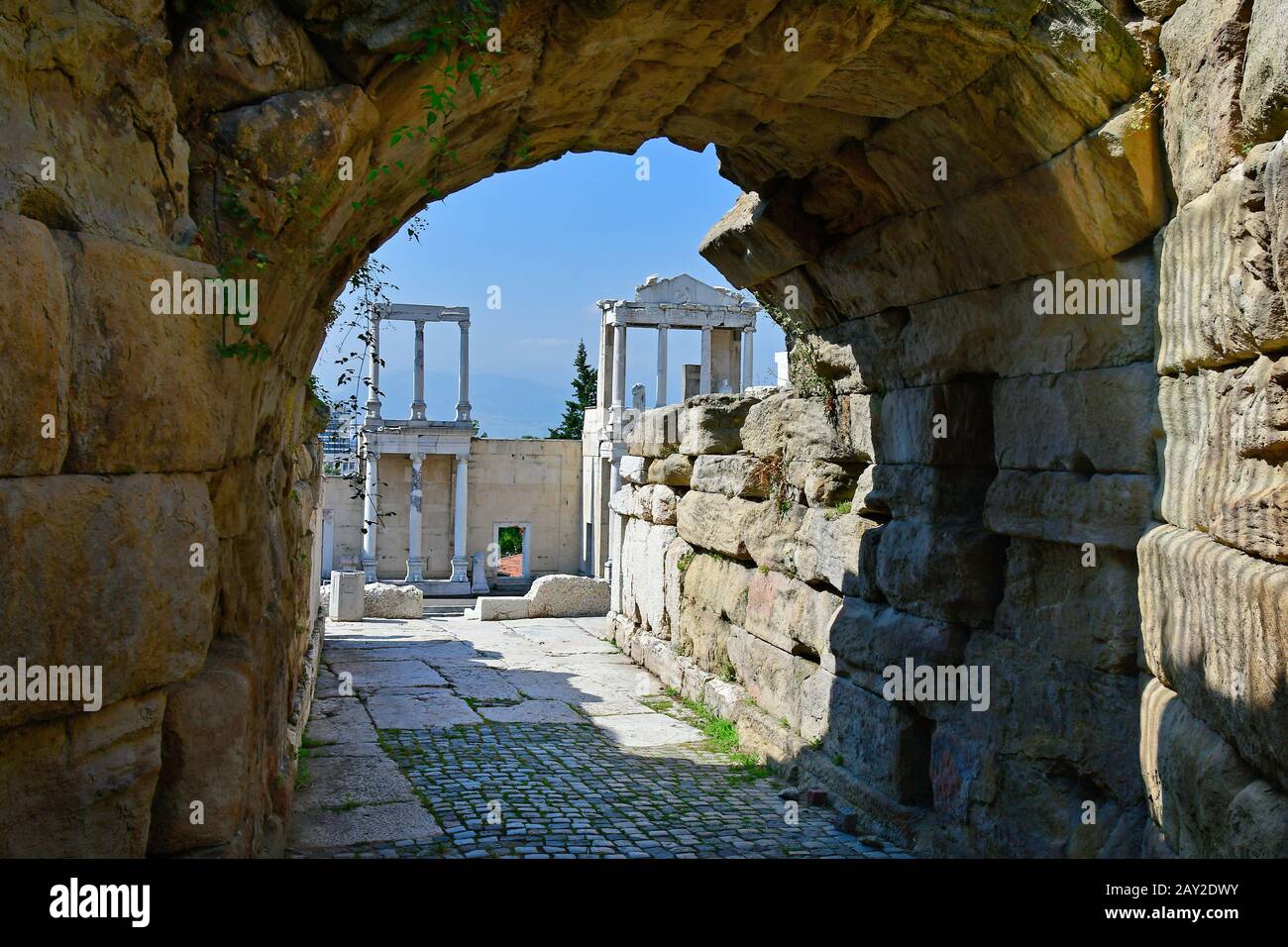 Bulgaria, Plovdiv, archway in ancient Roman Theater in Old Town district aka Staria Grad, a Unesco world heritage site, becomes European Capital of Cu Stock Photo