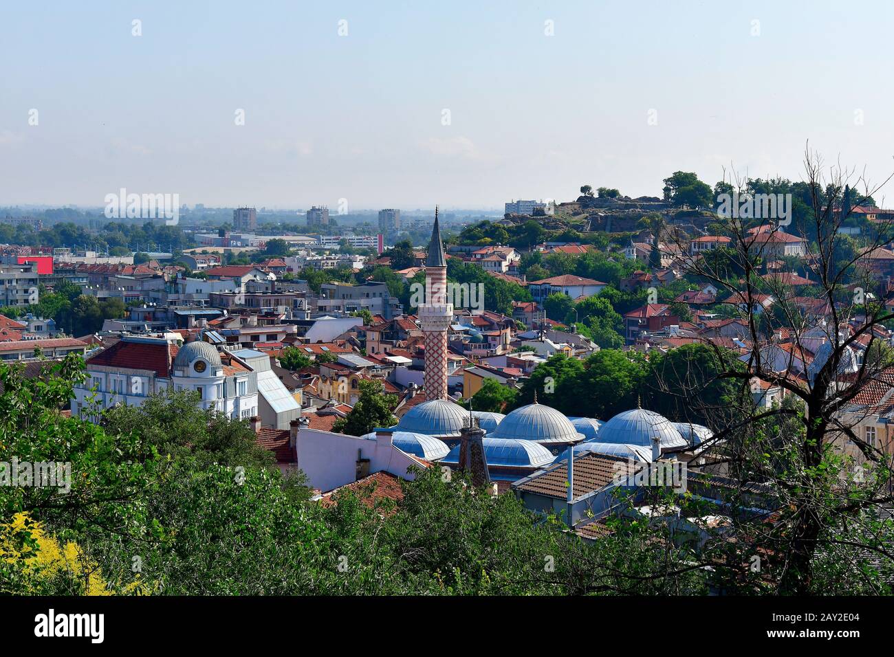 Bulgaria, Plovdiv, cityview with Minaret of Dzhumaja Mosque, buildings and old citadel on Nebet hill, city become European Capital of Culture 2019 Stock Photo
