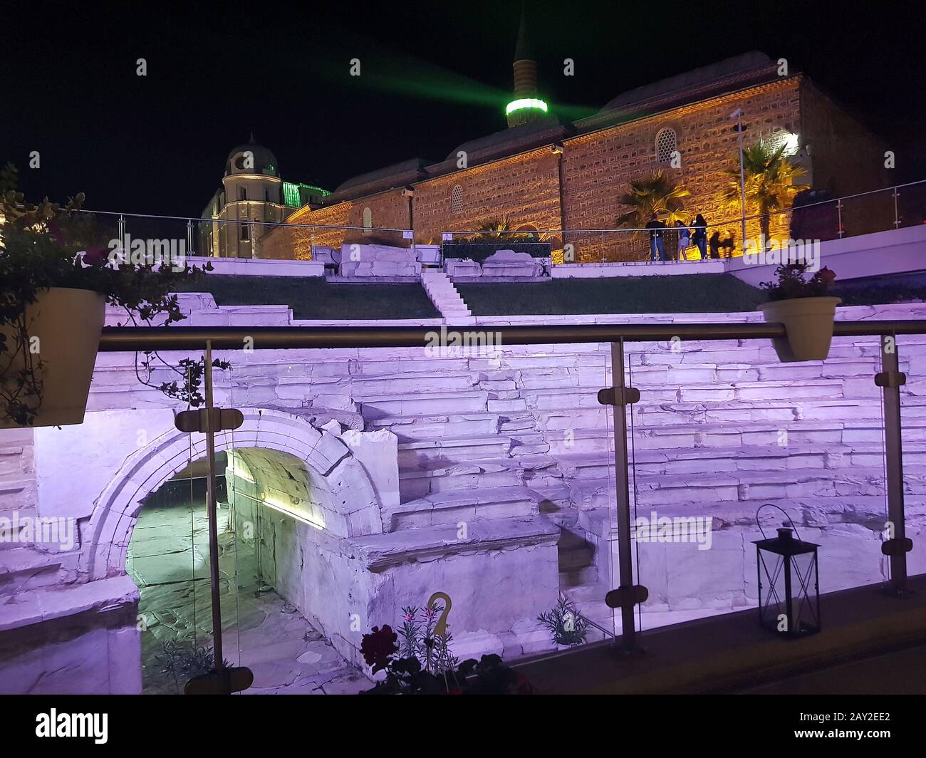 Plovdiv, Bulgaria - June 07, 2018: Illuminated ancient Roman Forum and Dzhumaya mosque in downtown, city become European Capital of Culture 2019 Stock Photo