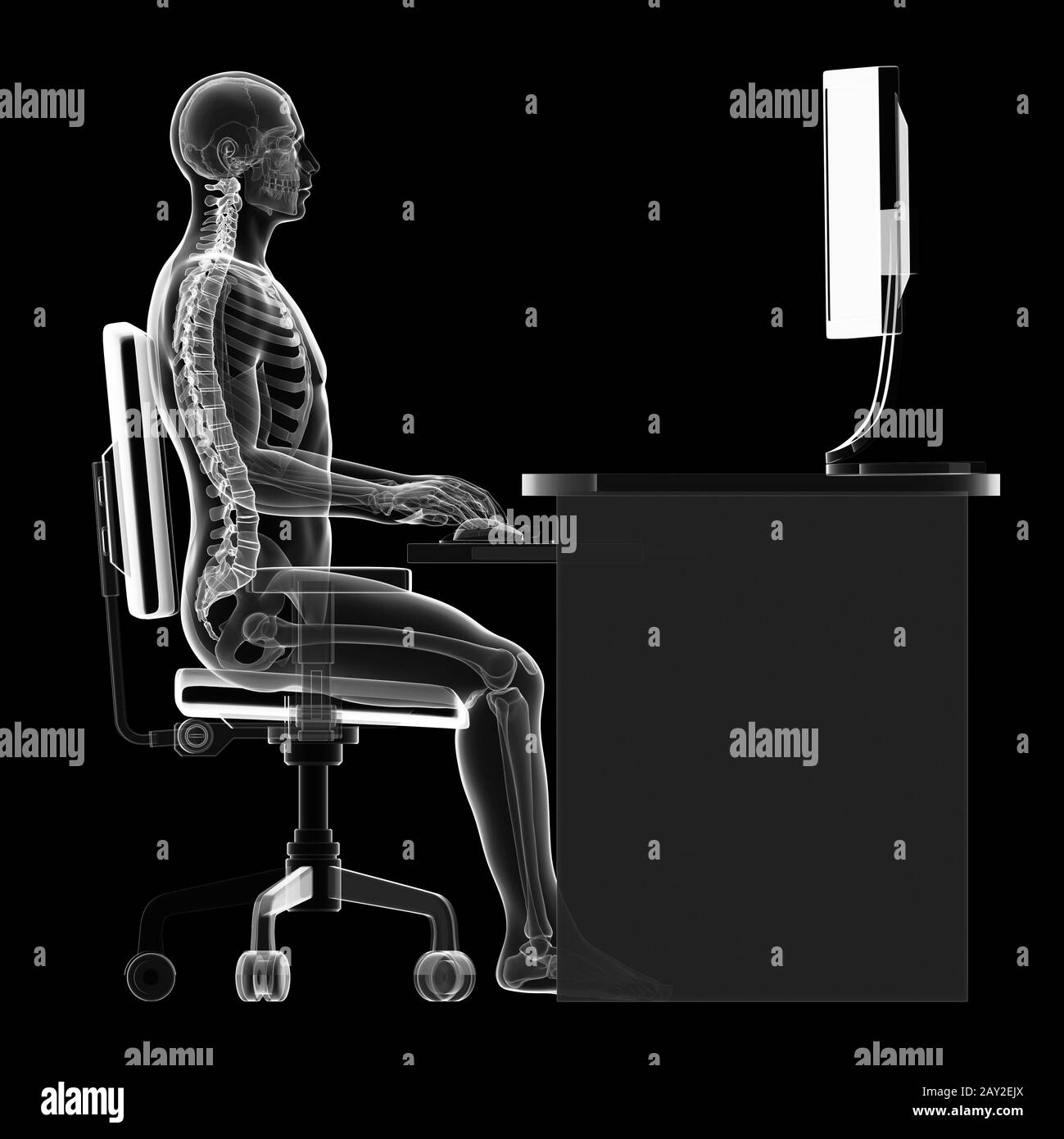 3d rendered illustration of a man working on pc - correct sitting posture Stock Photo