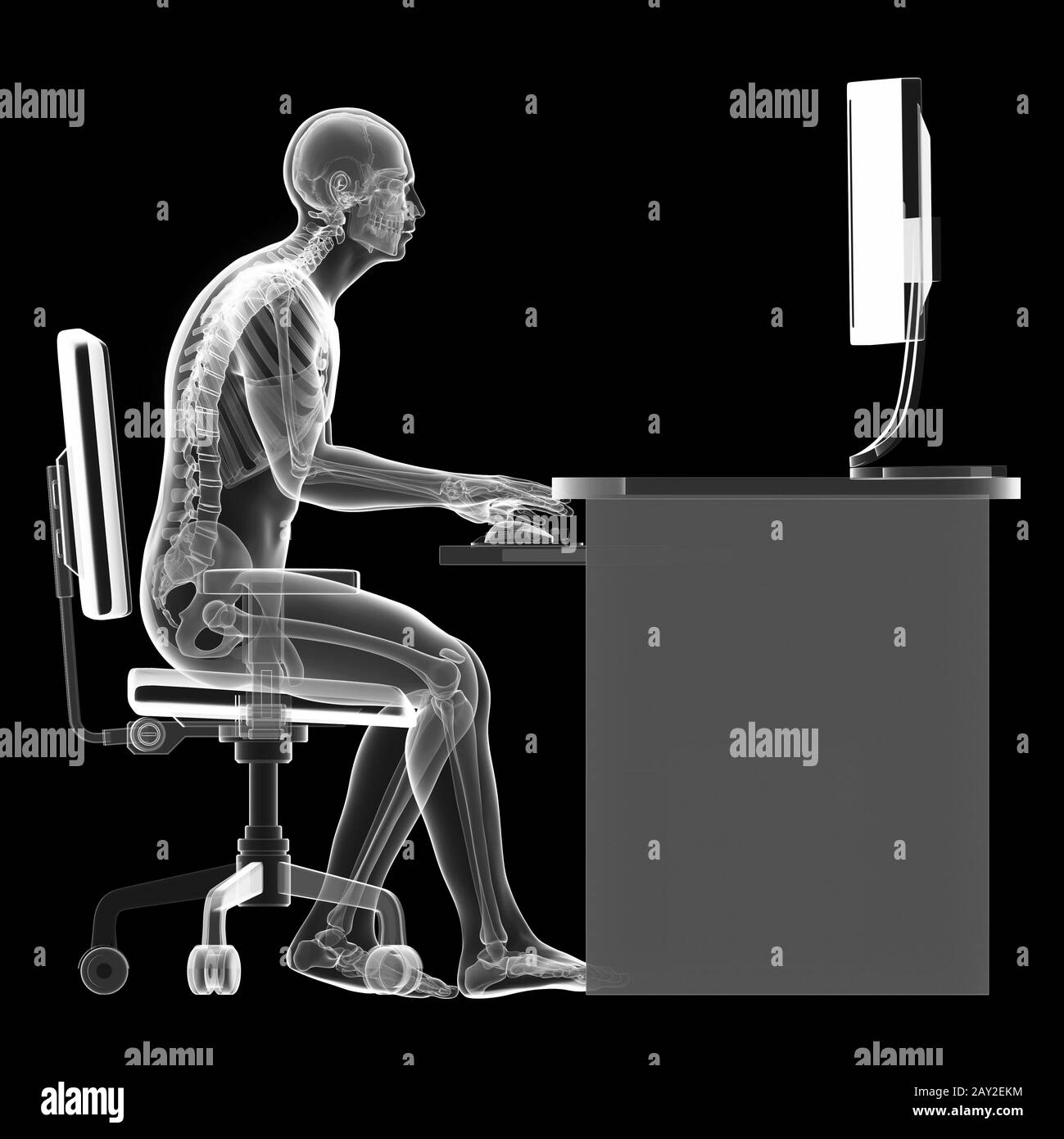 3d rendered illustration of a man working on pc - wrong sitting posture Stock Photo