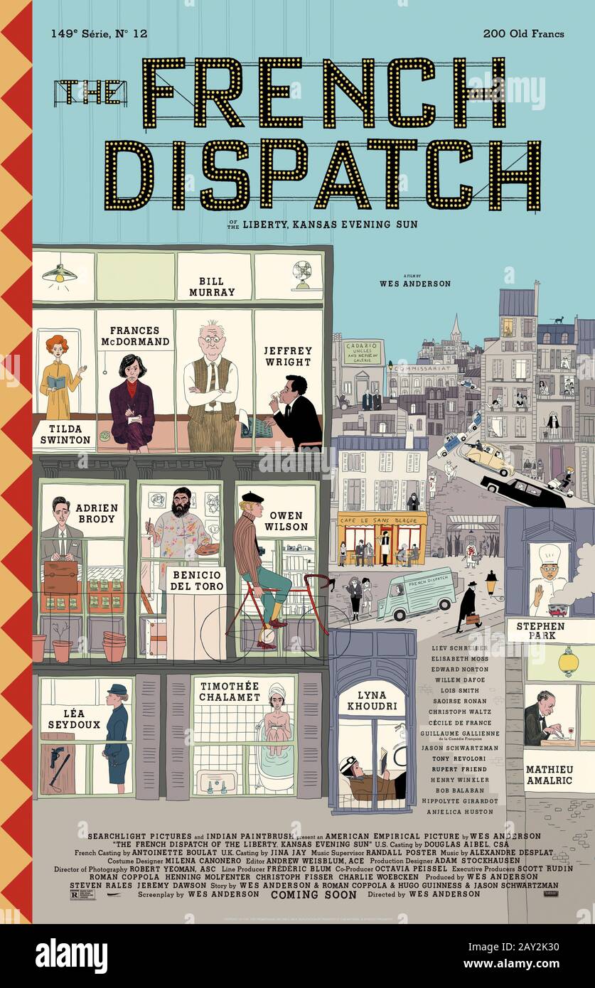 The French Dispatch (2020) directed by Wes Anderson and starring Saoirse Ronan, Timothée Chalamet, Elisabeth Moss and Léa Seydoux. An American journalist starts a magazine in France called The French Dispatch. Stock Photo