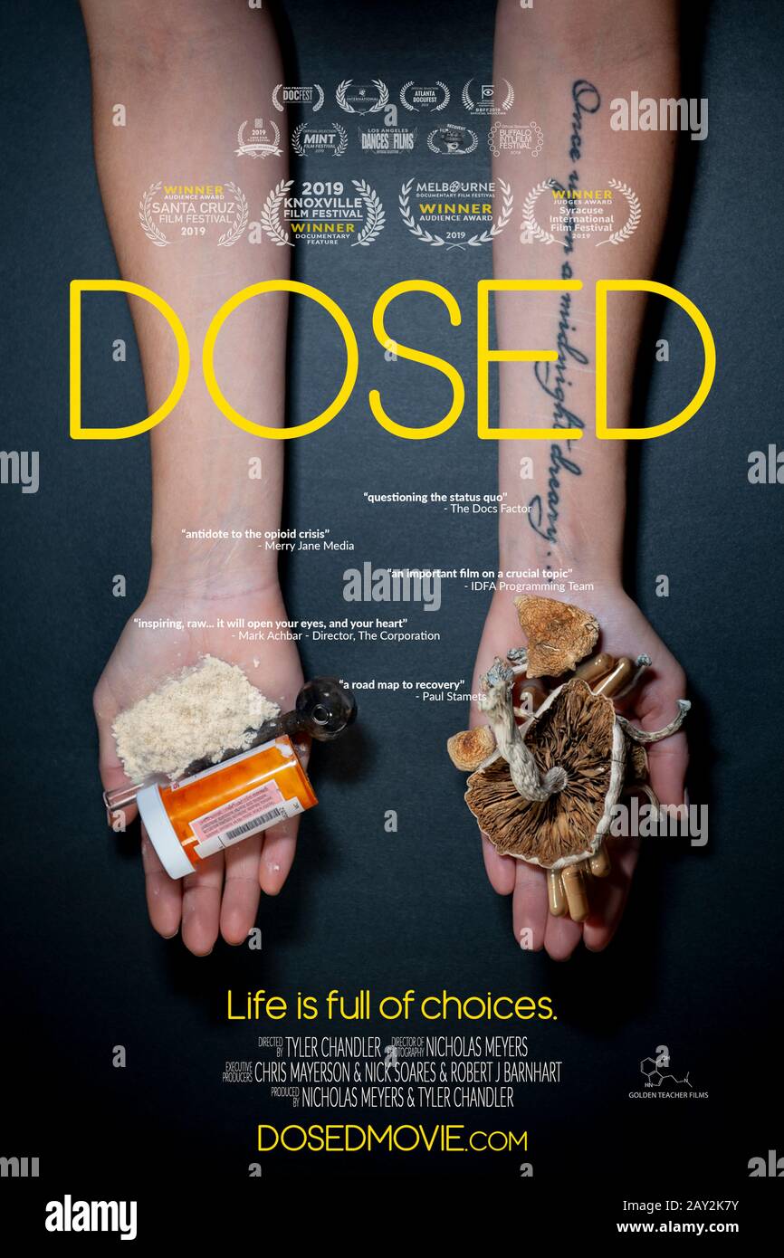 Dosed (2019) directed by Tyler Chandler and starring Adrianne, Tyler Chandler and Nicholas Meyers. Documentary investigating the therapeutic value of illegal drugs. Stock Photo