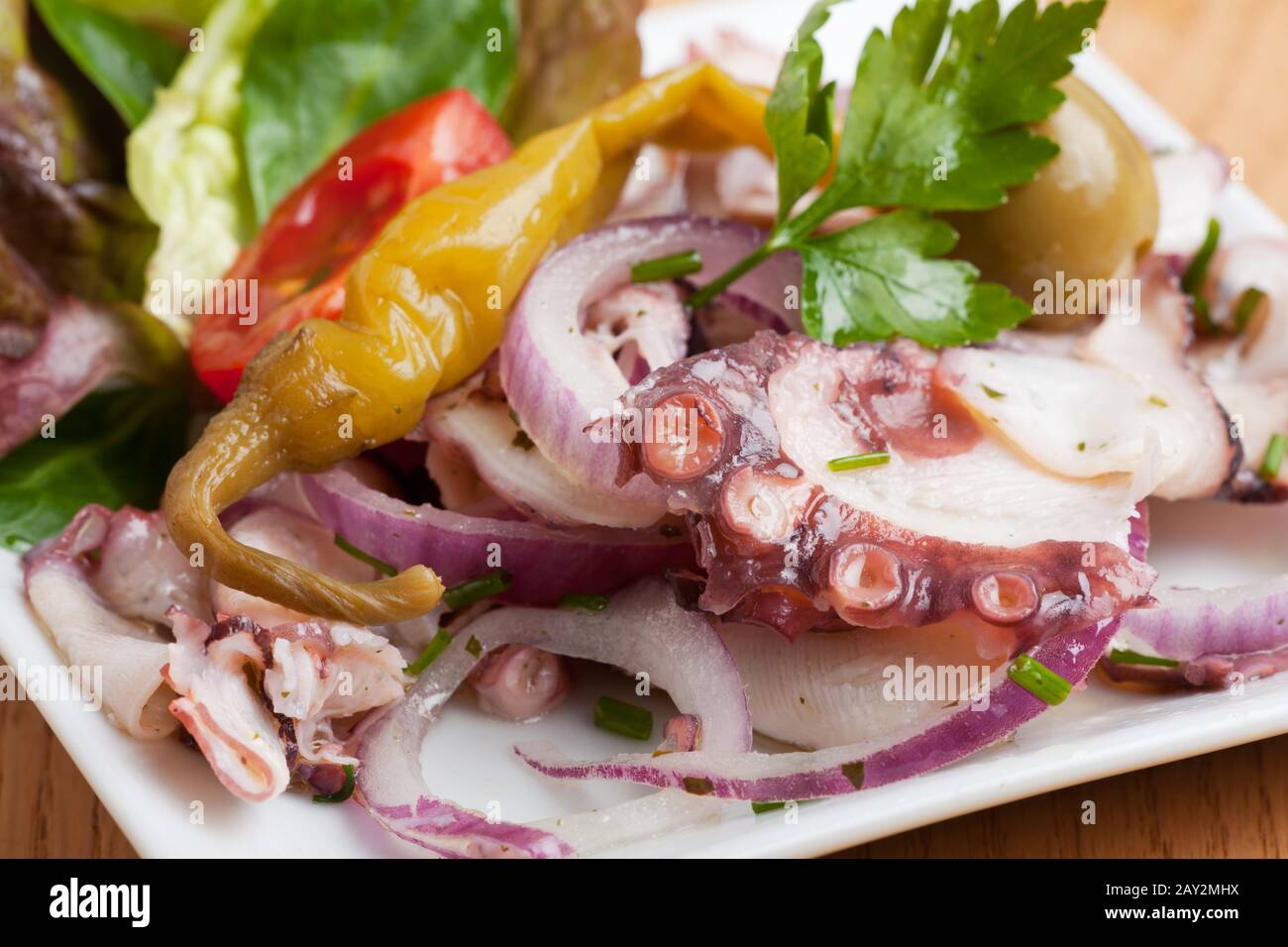 Octopus salad with onion Stock Photo