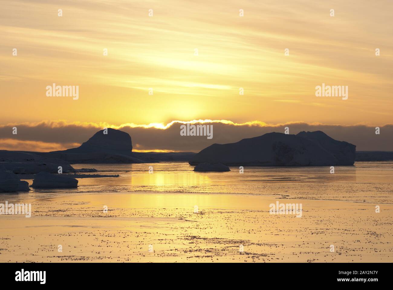 Sunset yellow winter night in the Antarctica. Stock Photo