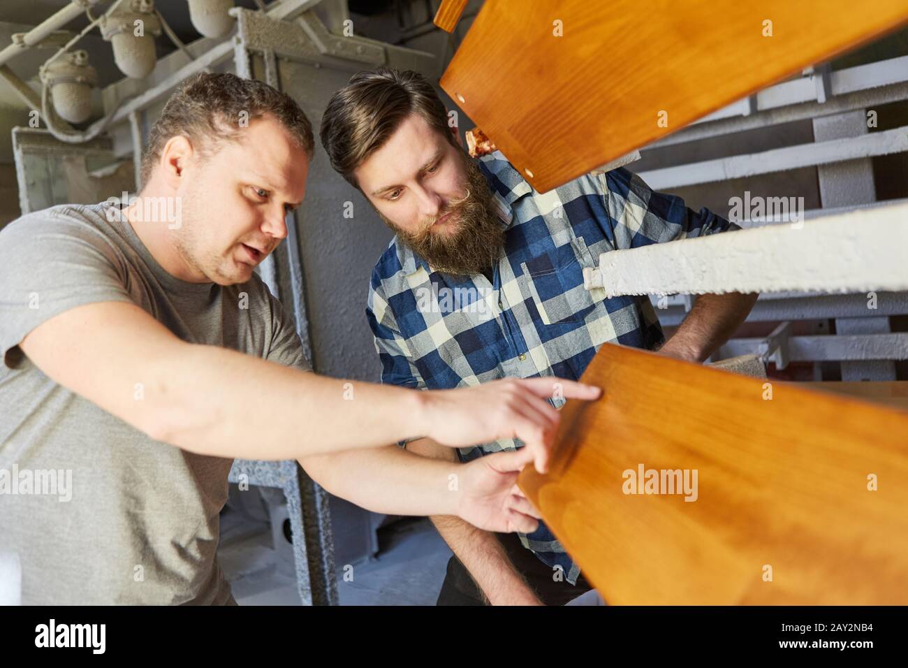 Carpenter apprentice and furniture maker control wood quality in the carpentry Stock Photo