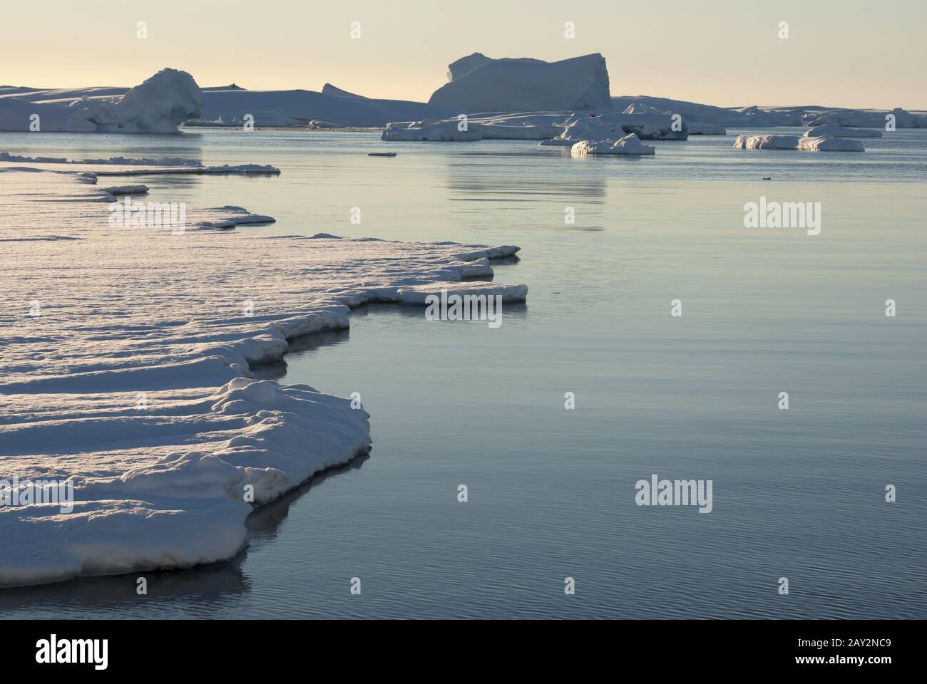 Strait between the Antarctic islands covered with ice. Stock Photo