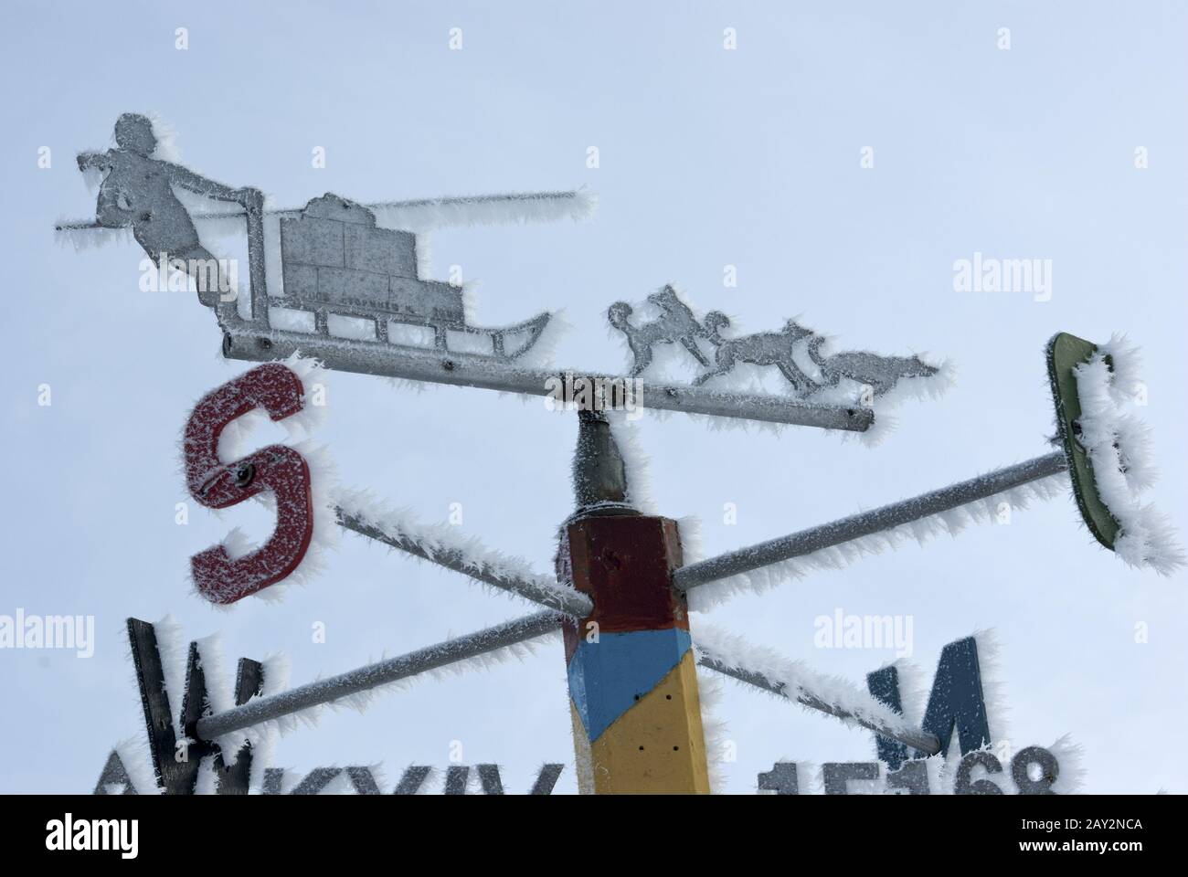 Signpost directions of the compass in the Antarctic. Stock Photo