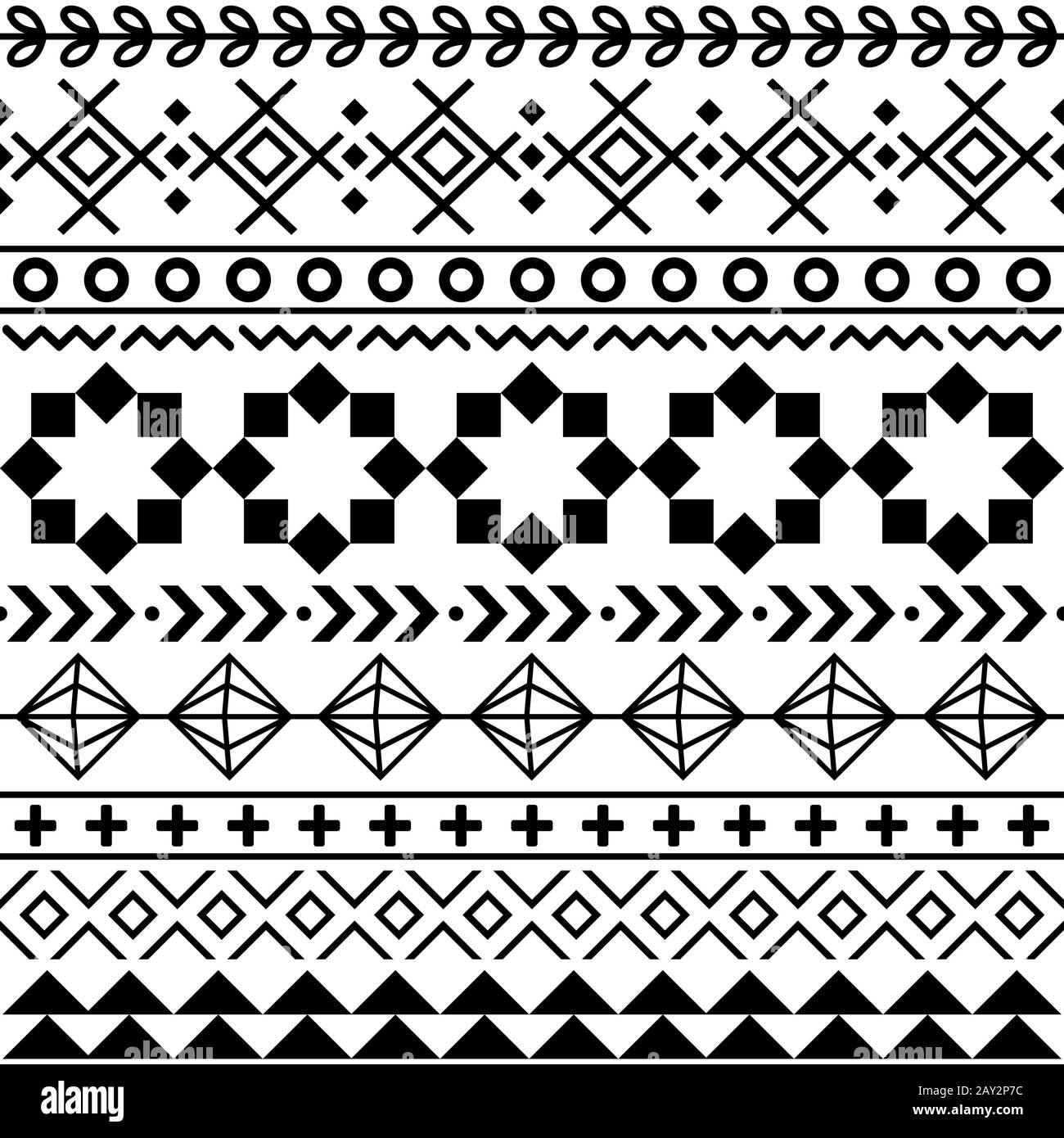 Tribal Aztec seamless geometric pattern, Navajo vector design in black pattern on white background Stock Vector