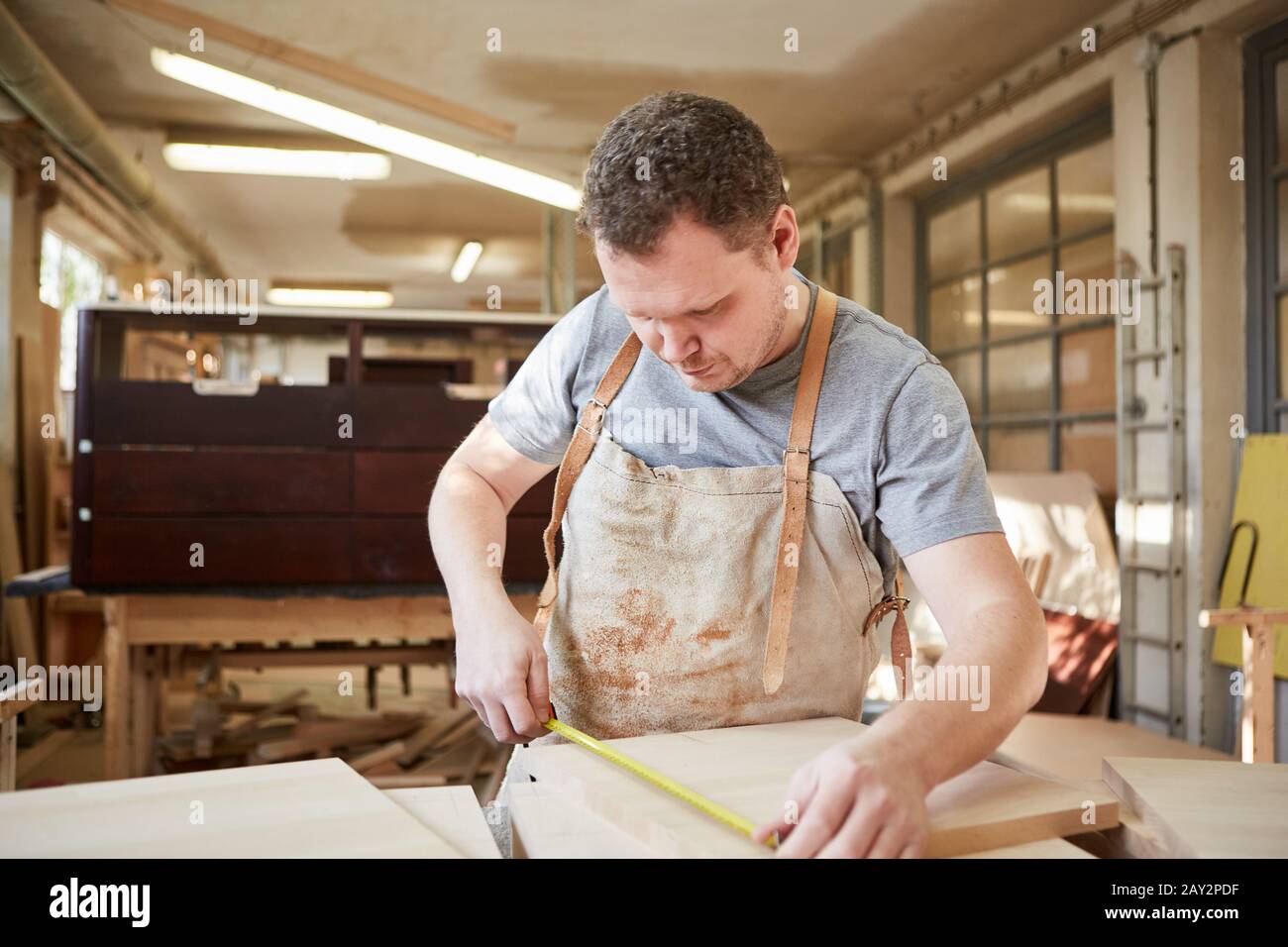 Carpenter apprentice as a furniture maker when measuring wood with a measuring tape Stock Photo