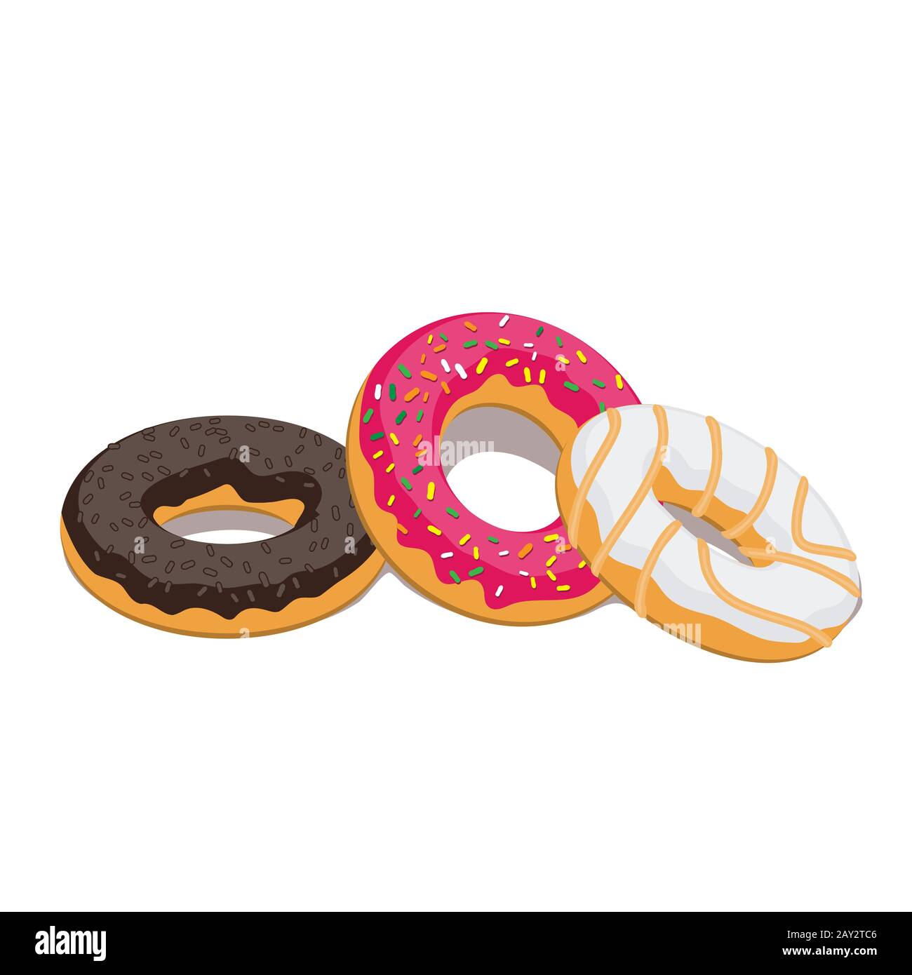 Three different donuts glazed on a white isolated background. Vector image Stock Vector