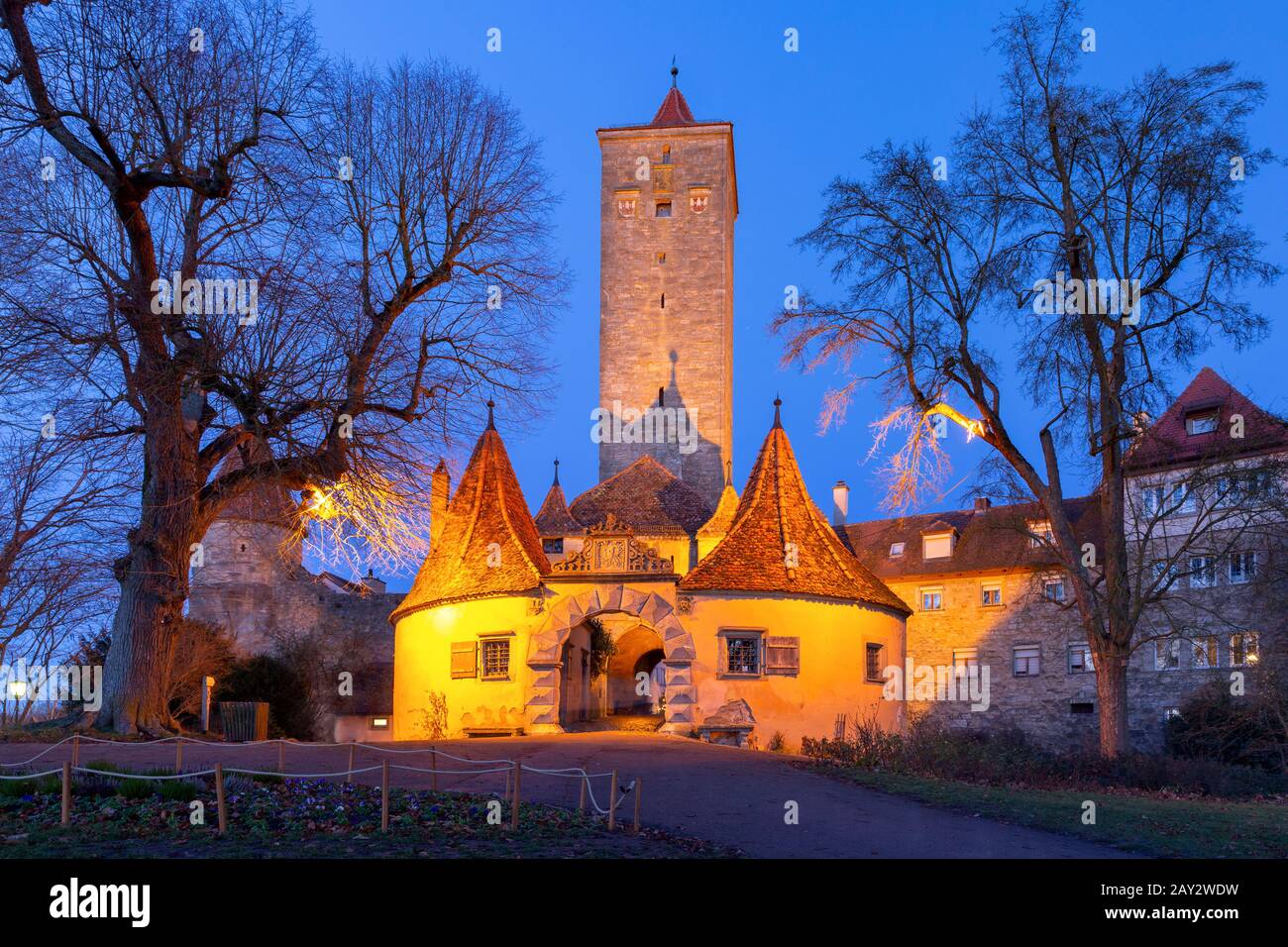 Western town gate and tower Burgturm and Stadttor in medieval Old Town of Rothenburg ob der Tauber, Bavaria, southern Germany Stock Photo