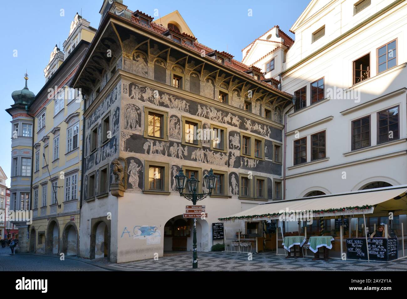 Prague, Czech Republic - December 3rd 2015: Building with sgraffito decorated facade on old town square Stock Photo