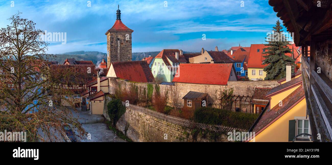 Aerial view from town wall of Weisser Turm and medieval old town of Rothenburg ob der Tauber, part of Romantic Road, Bavaria, Germany Stock Photo