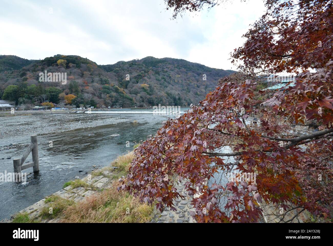 View from Togetsukyo bridge in Arashiyama, Kyoto Stock Photo