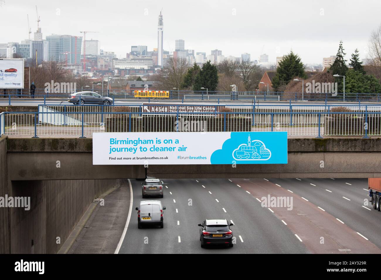 A Brumbreathes sign on Aston Express way leading into the centre of Birmingham. Birmingham will operate a clean air zone from the summer of 2020. Stock Photo