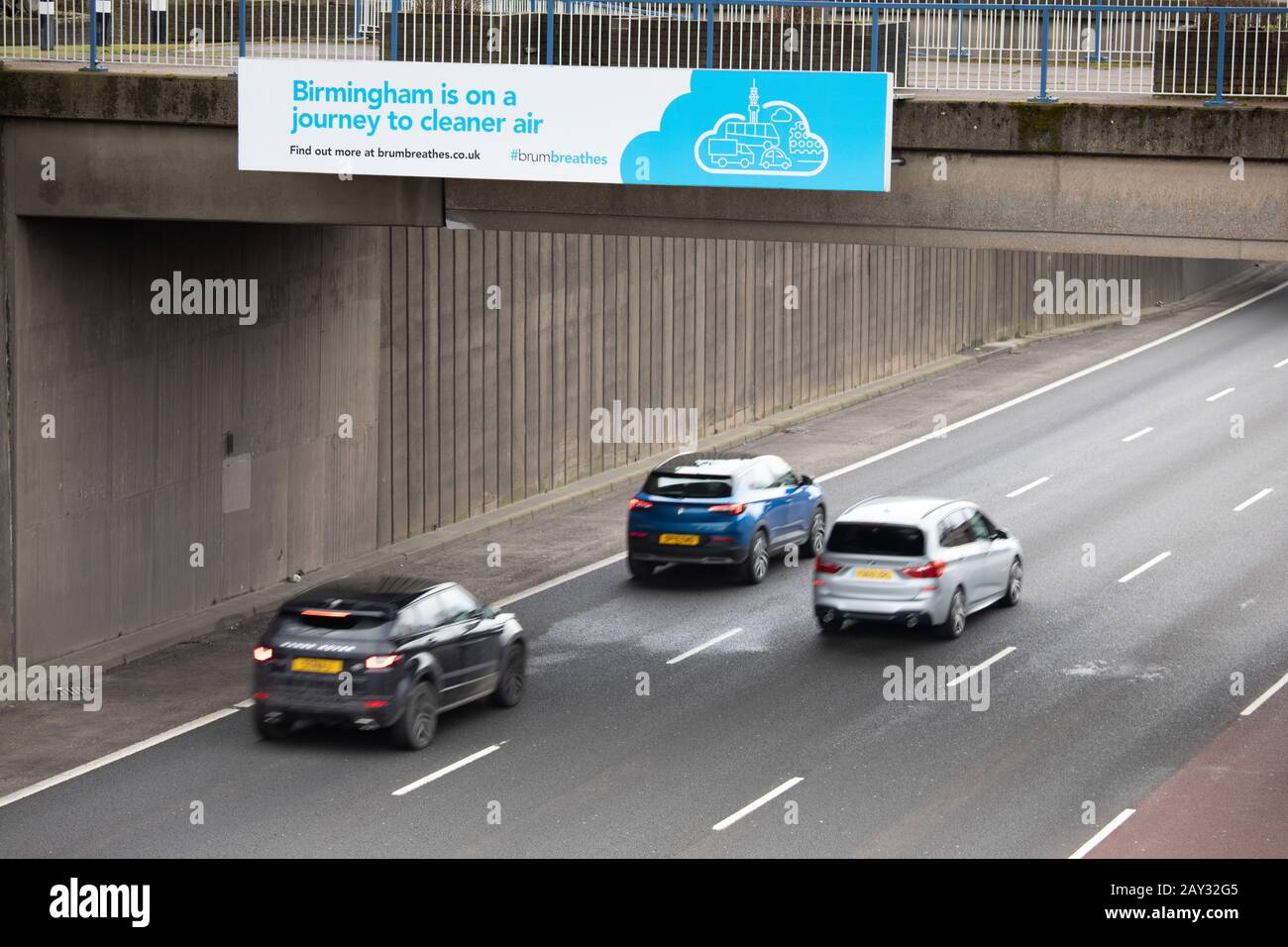 A Brumbreathes sign on Aston Express way leading into the centre of Birmingham. Birmingham will operate a clean air zone from the summer of 2020. Stock Photo