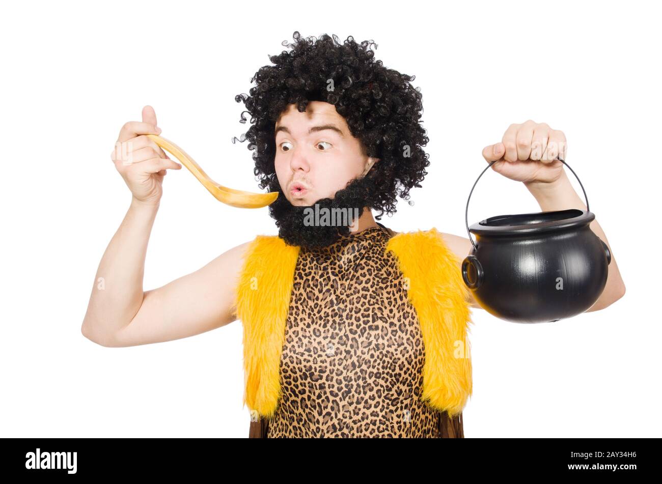 Funny Caveman With Pot Isolated On White Stock Photo Alamy   Funny Caveman With Pot Isolated On White 2AY34H6 