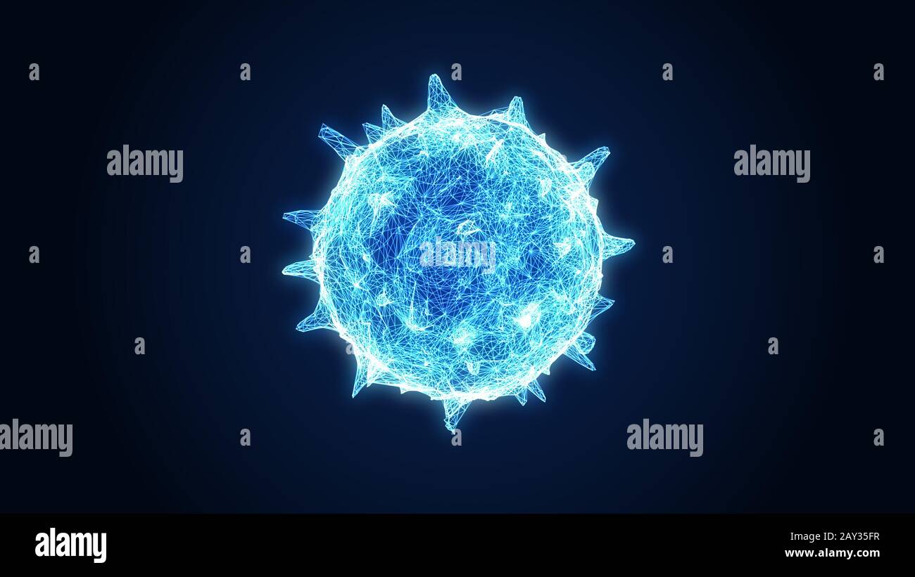 Vir Science Close up glowing influenza virus on dark blue background. Blue abstract ...