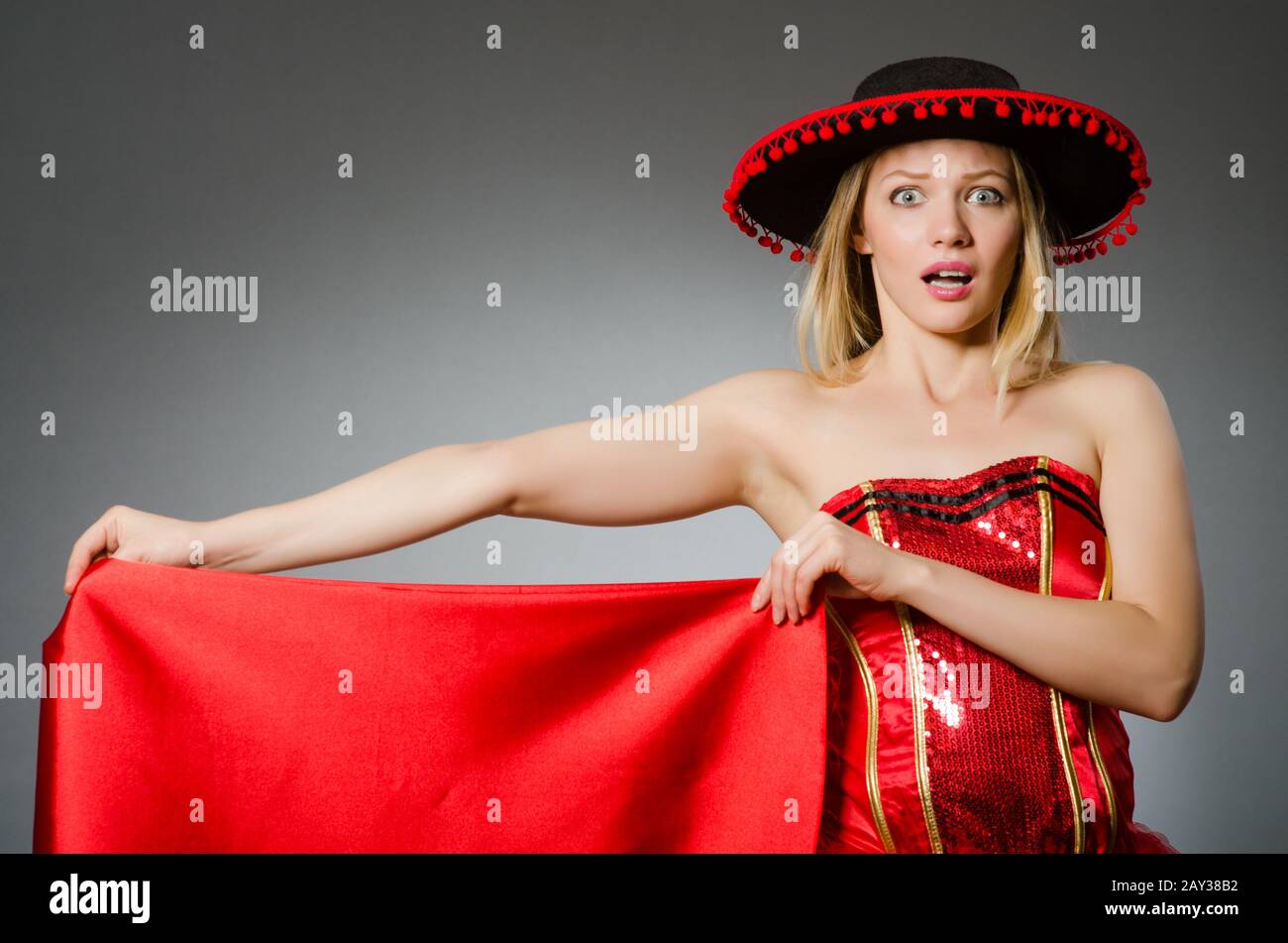 Woman wearing sombrero hat in funny concept Stock Photo