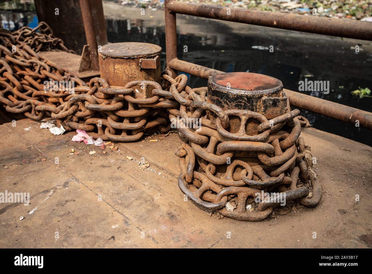 rusty chain in a Shadarghat harbor, Dhaka Stock Photo