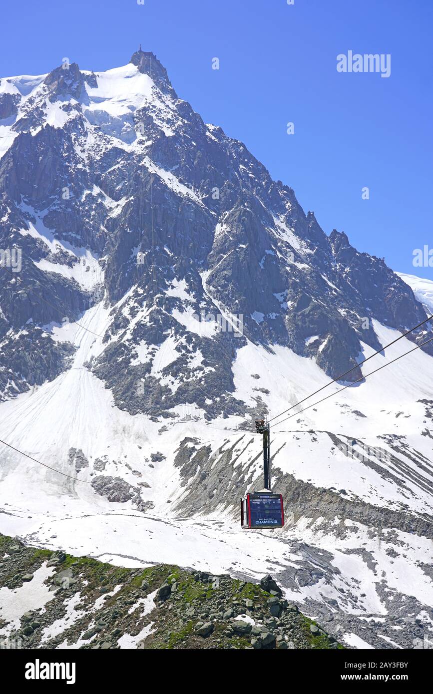CHAMONIX, FRANCE -26 JUN 2019- Summer view of the  Chamonix Aiguille du Midi telepherique cable car in the Alps in the Massif du Mont-Blanc in France Stock Photo