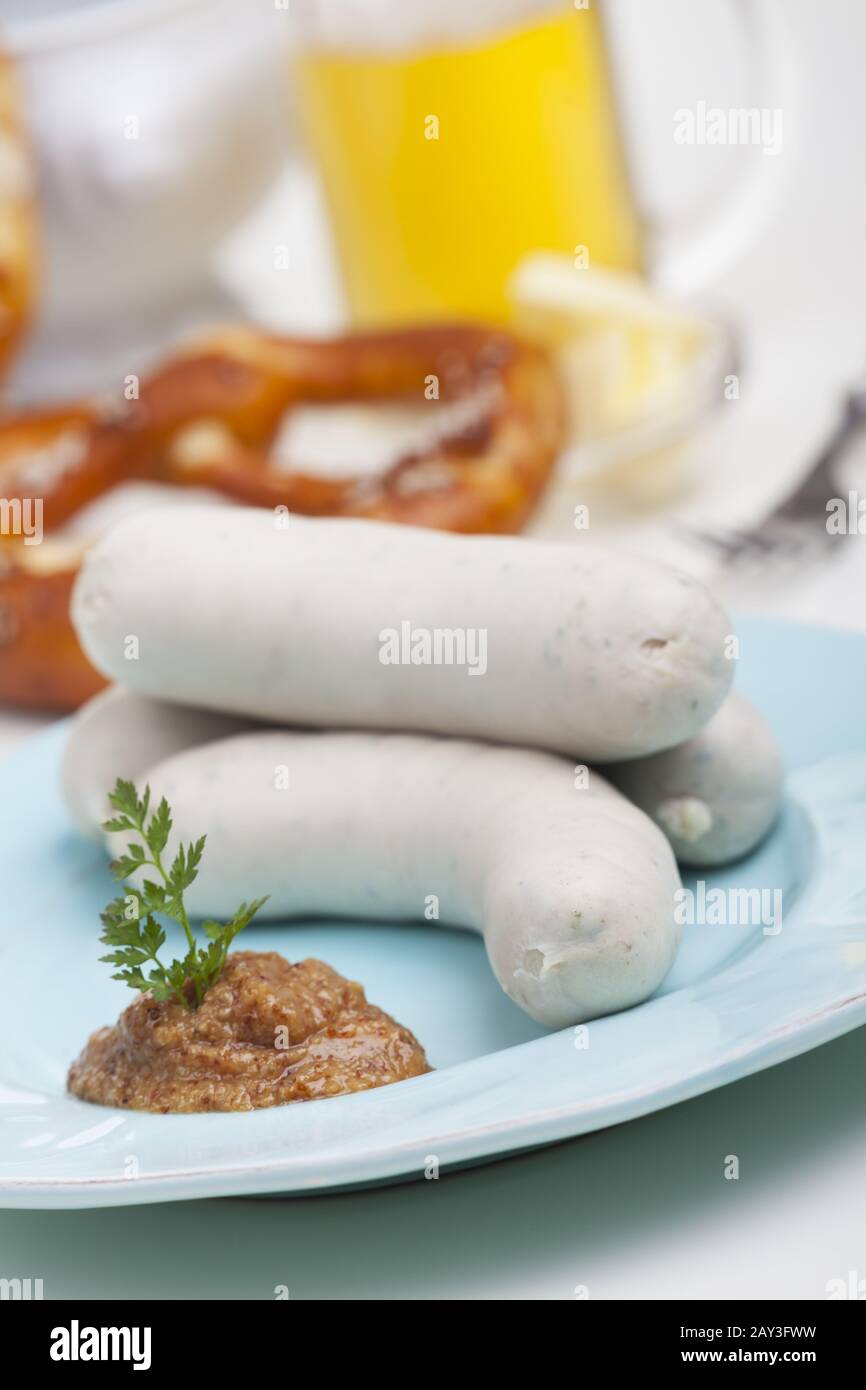 Bavarian veal sausage with mustard Stock Photo Alamy