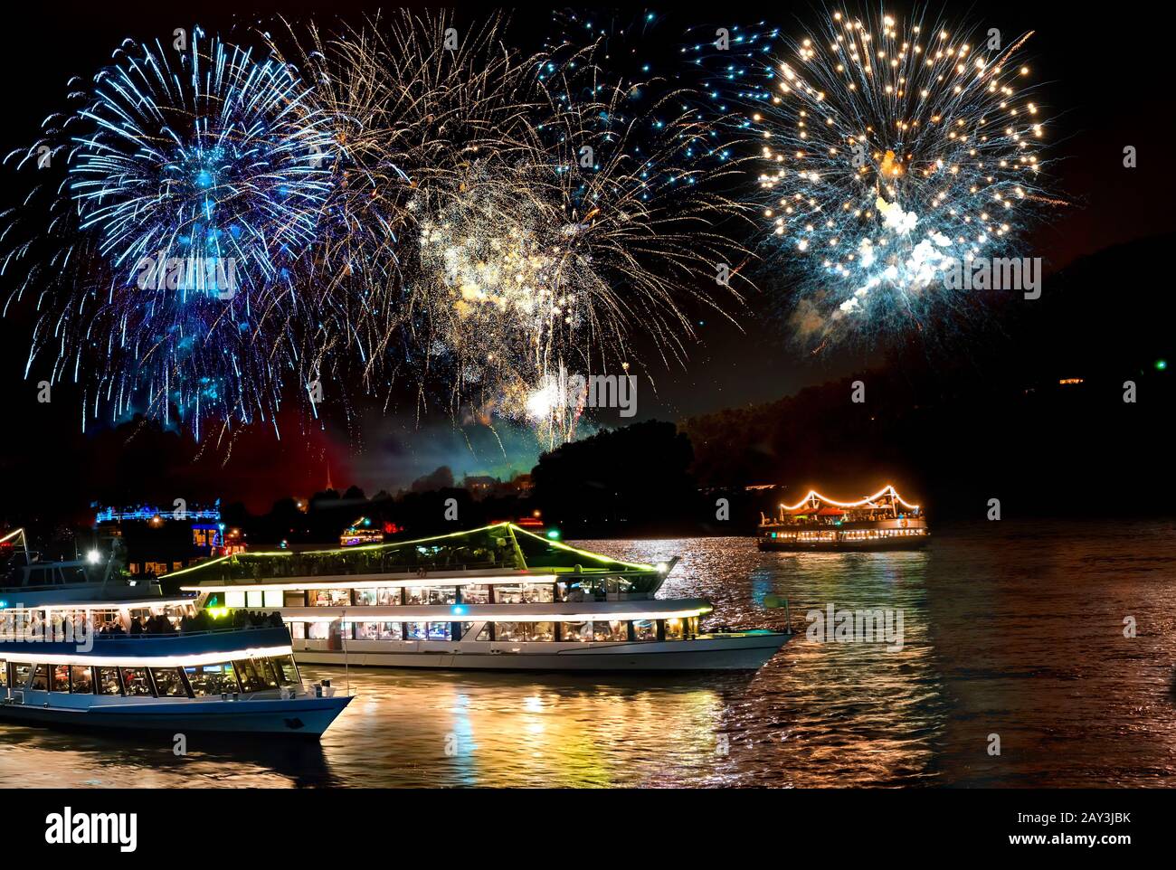 Firework over the rhine valley. Rhein in Flammen (Rhine in Flames) , traditional festival in Germany Stock Photo