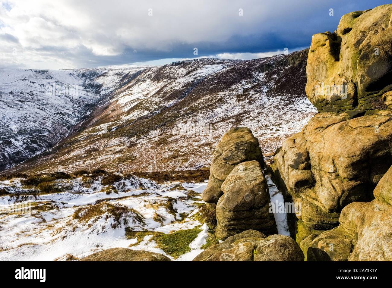 Grindsbrook and Kinder Scout in winter, Peak District National Park,UK. View from Ringing Roger Stock Photo