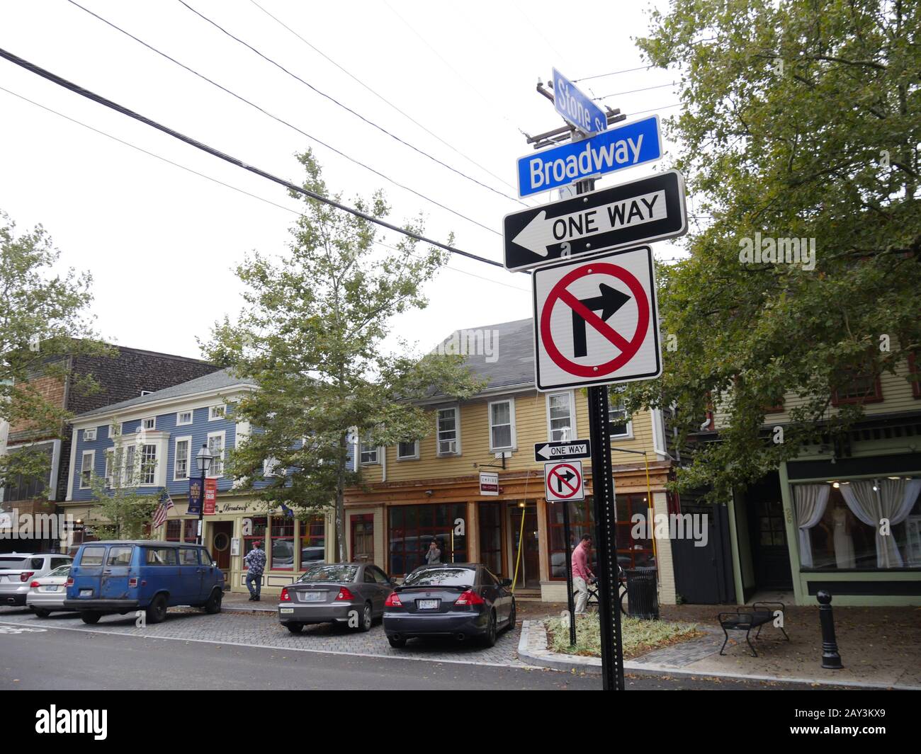 Newport, Rhode IslandSeptember 2017 Row of shops and stores and cars