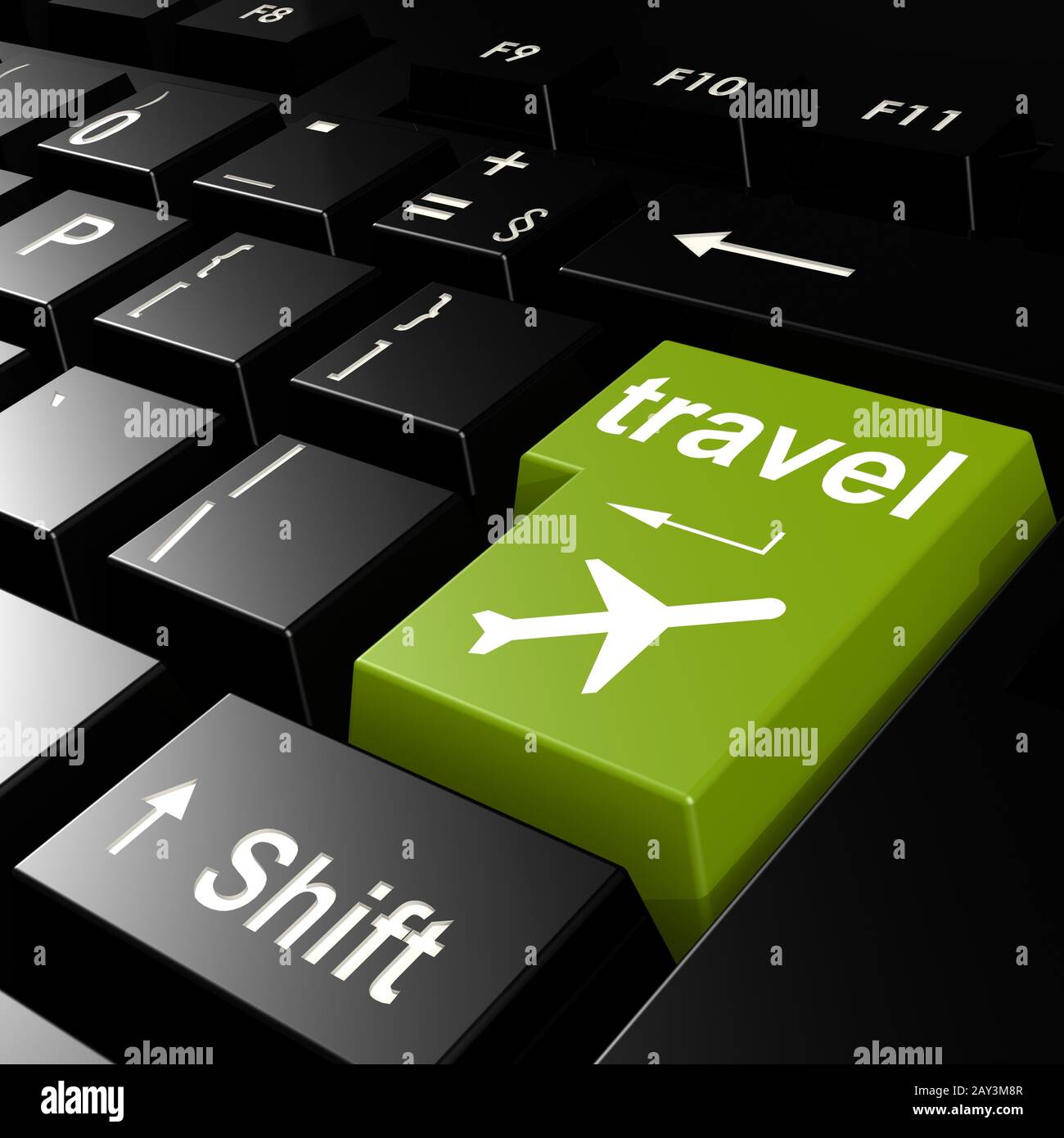 Travel with flight on green keyboard Stock Photo