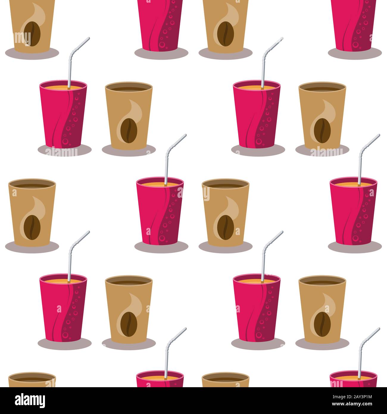 Seamless pattern of paper cups with drink and coffee on a white ...