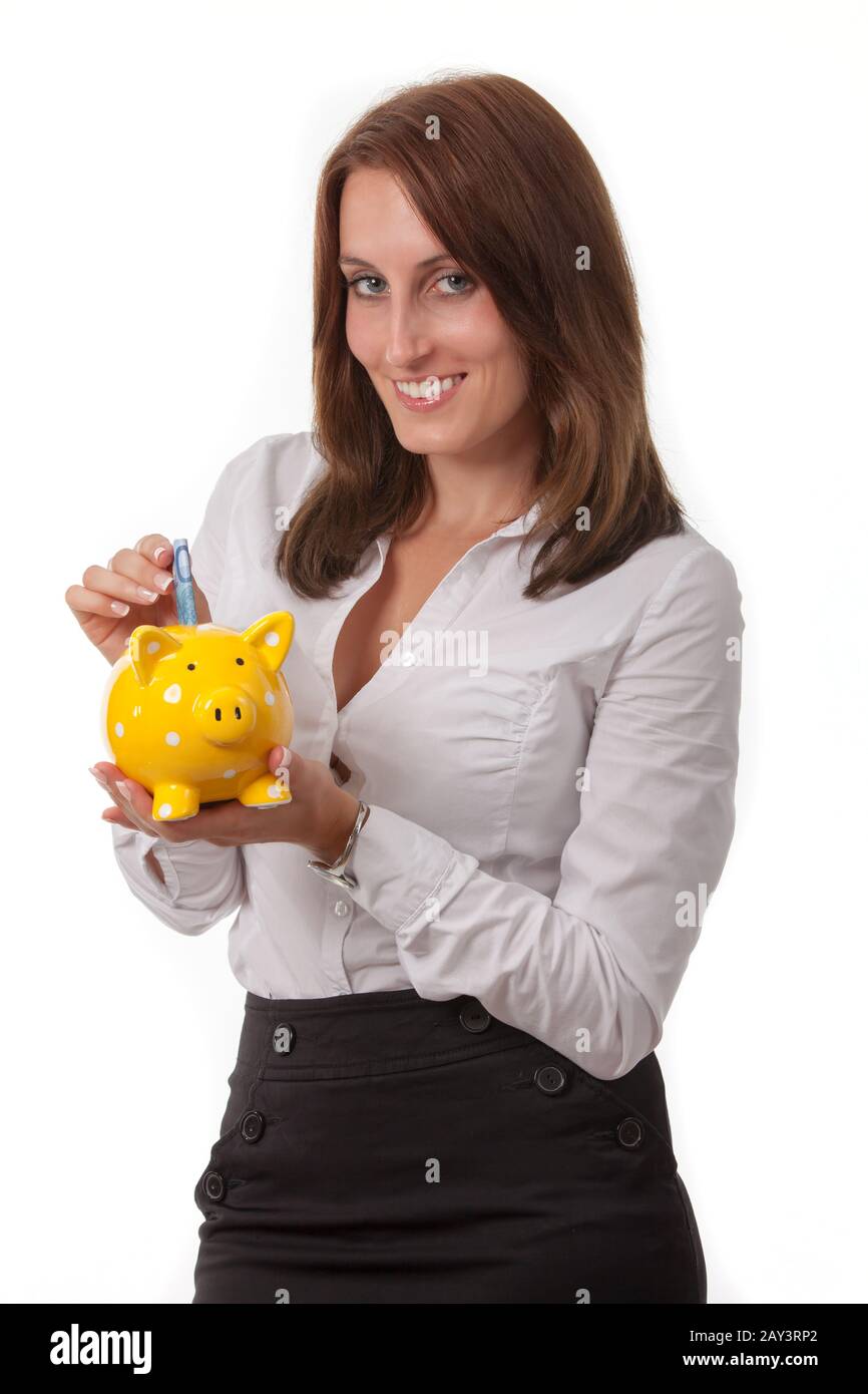 Business woman with a piggy bank Stock Photo - Alamy