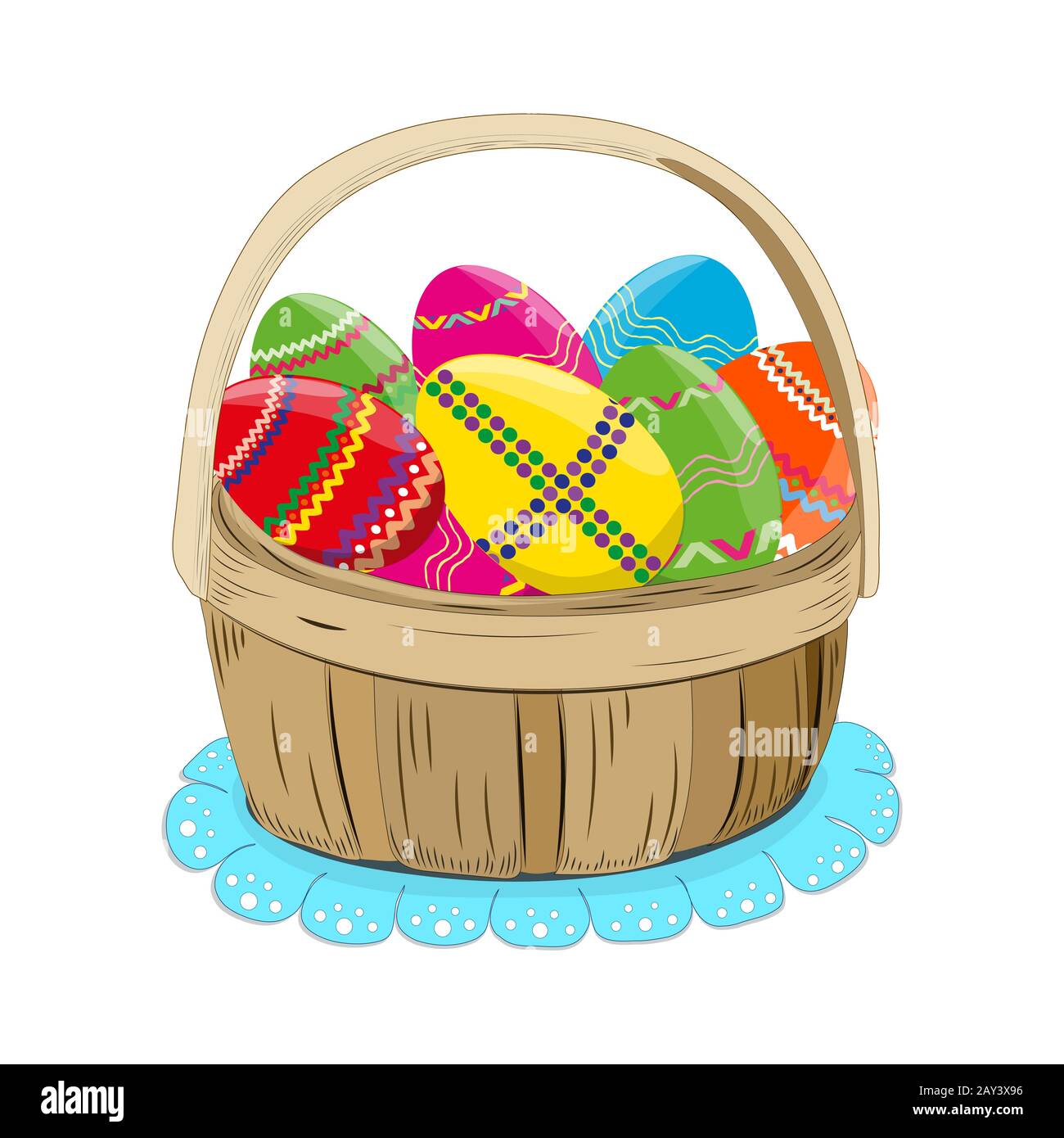 Easter egg. Beautiful colorful spring eggs in a basket .White isolated. Vector. Stock Vector
