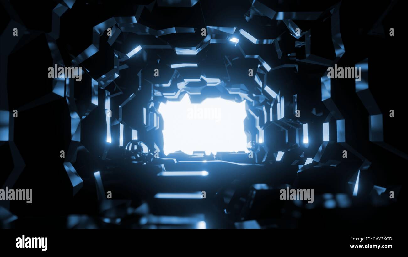 abstract reflective tunnel with bright blue light 3d rendering ...