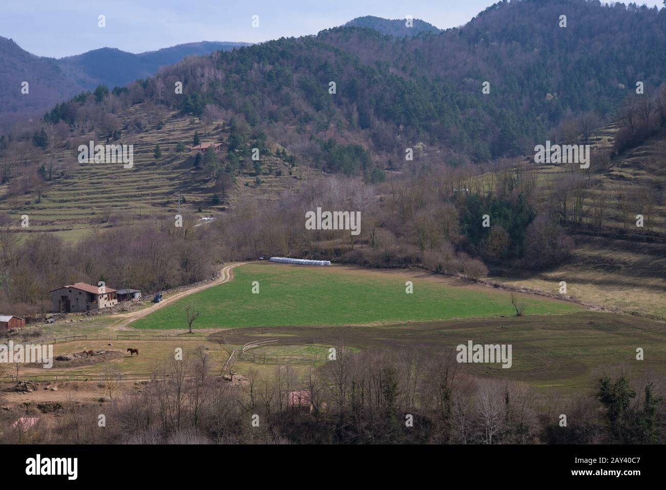 landscape with mountains trees and a river Stock Photo - Alamy