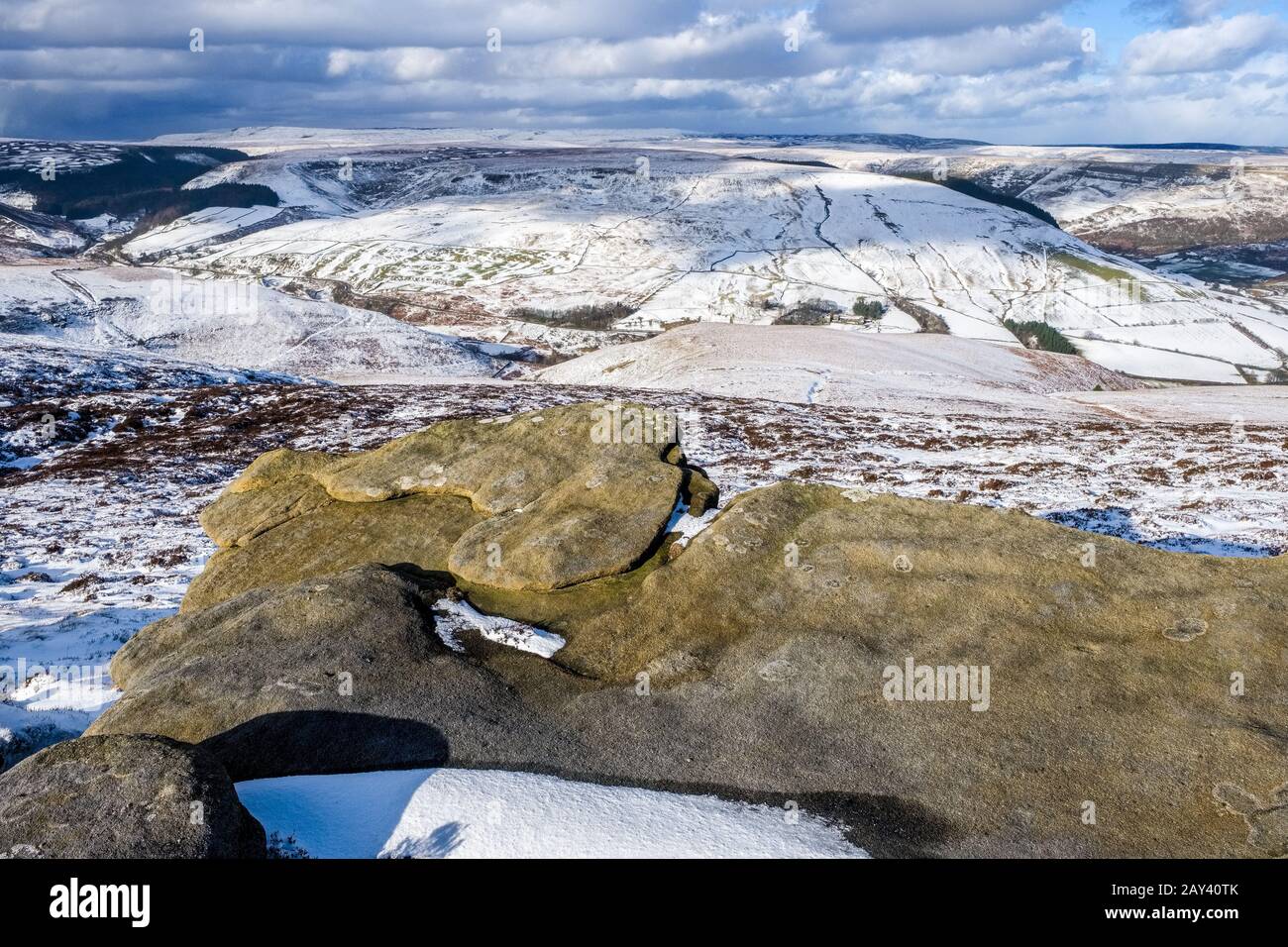 The moors of the Peak District National Park in winter, as seen from Kinder Scout looking north towards Bleaklow Stock Photo
