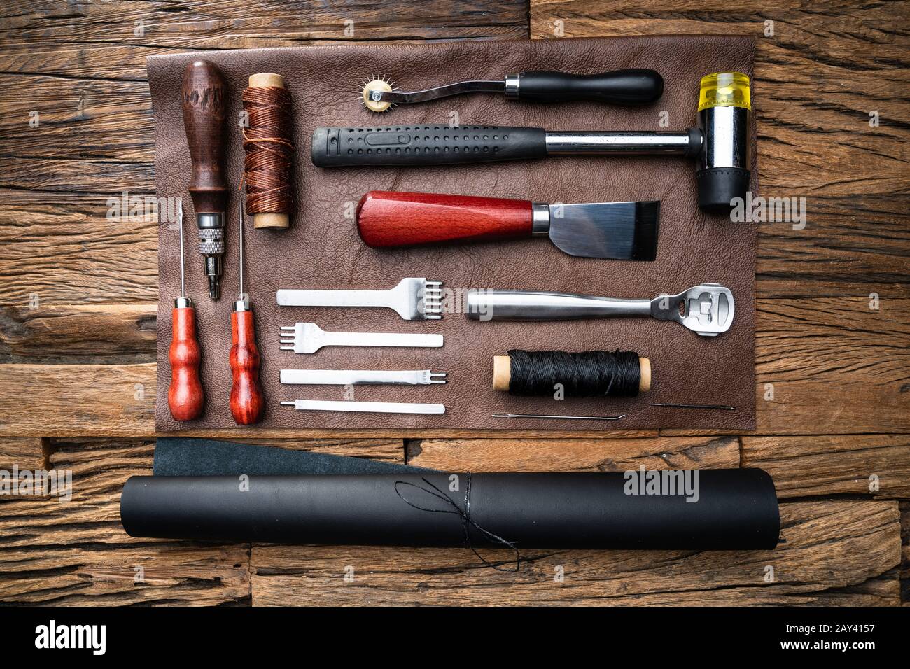 Leather Craft Tools On Desk In Tailoring Workshop Stock Photo