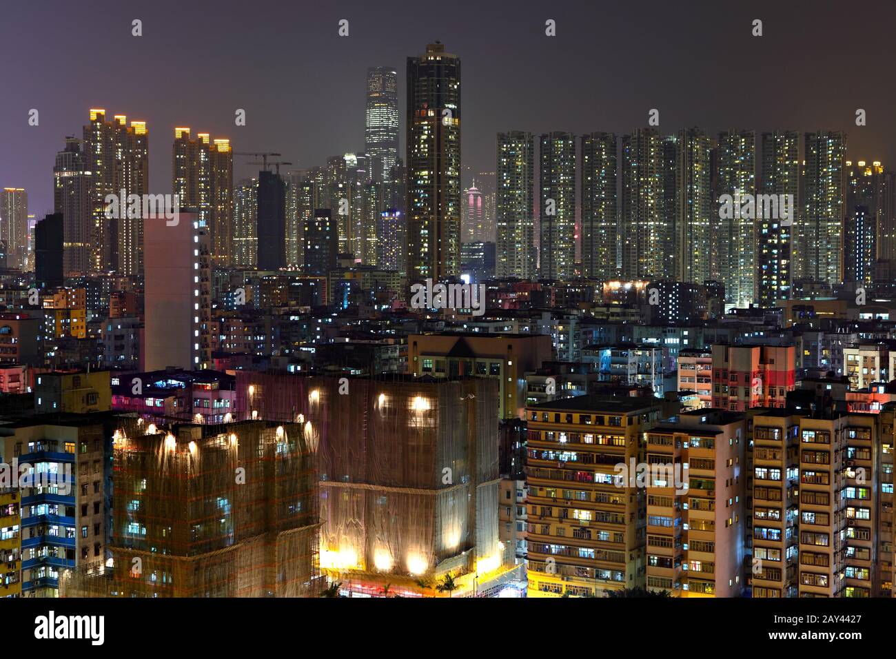 Hong Kong downtown with many building at night Stock Photo - Alamy