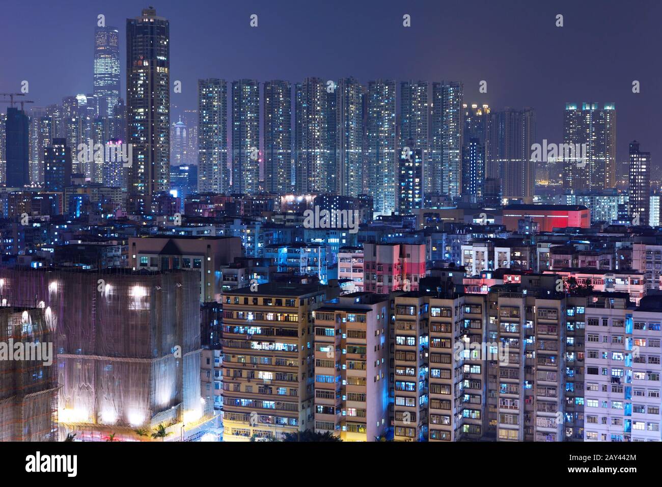 Hong Kong downtown with many building at night Stock Photo - Alamy