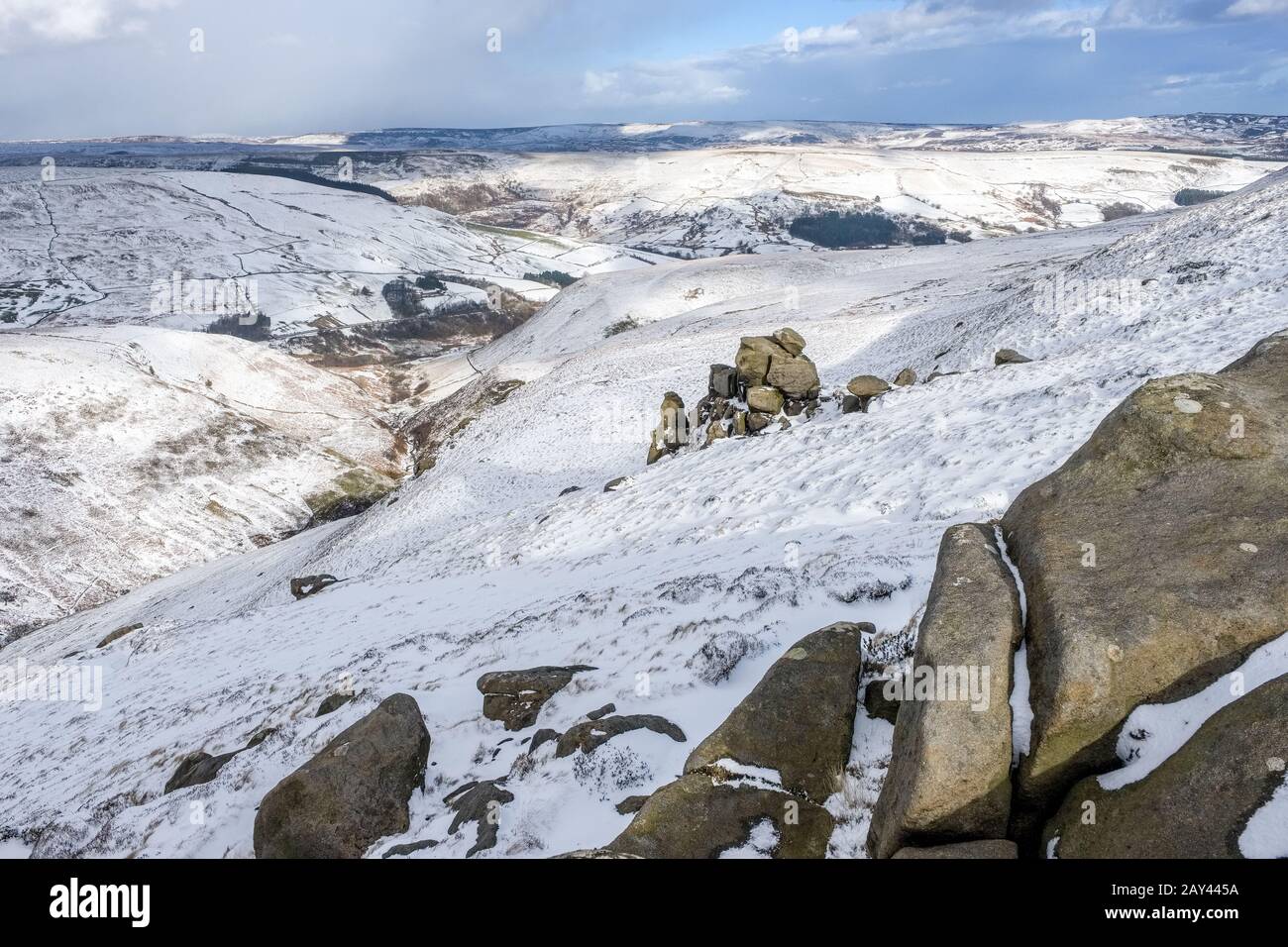 The moors of the Peak District National Park in winter, as seen from Kinder Scout looking north towards Bleaklow Stock Photo