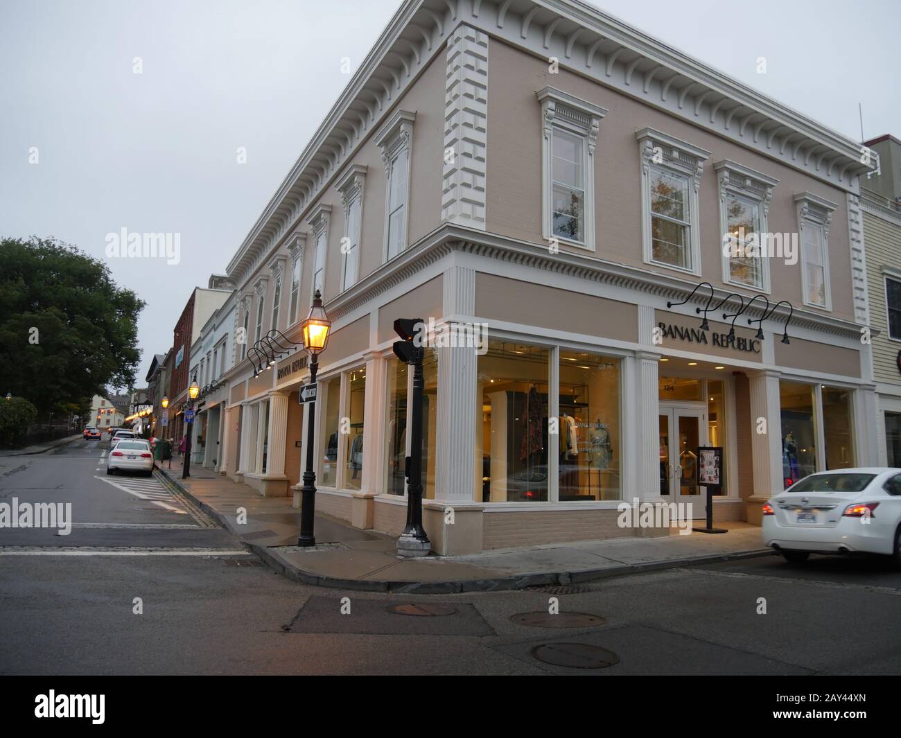 Newport, Rhode Island-September 2017: Row of high end shops carrying branded merchandise in Newport. Stock Photo