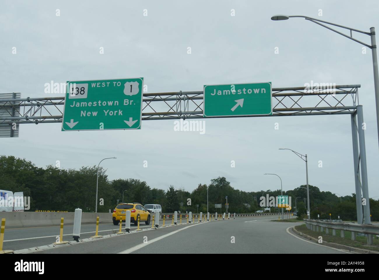 Jamestown, Rhode IslandSeptember 2017 Directional signs on the road