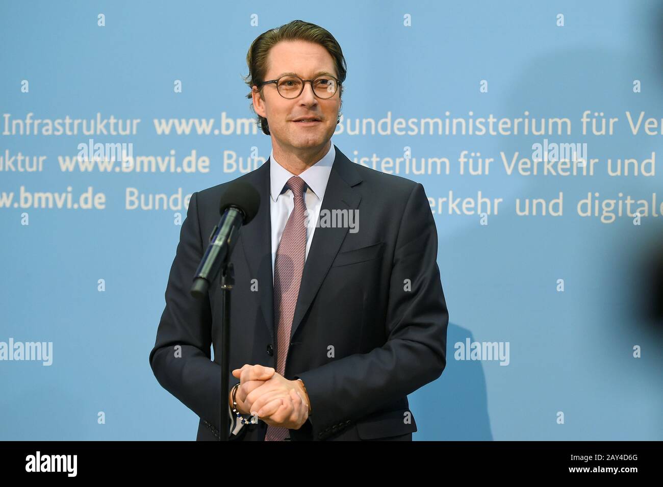 Berlin, Germany. 14th Feb, 2020. Federal Transport Minister Andreas Scheuer (CSU) speaks at a press conference on the topics of speed limits and drones in Berlin. Credit: Sonja Wurtscheid/dpa/Alamy Live News Stock Photo